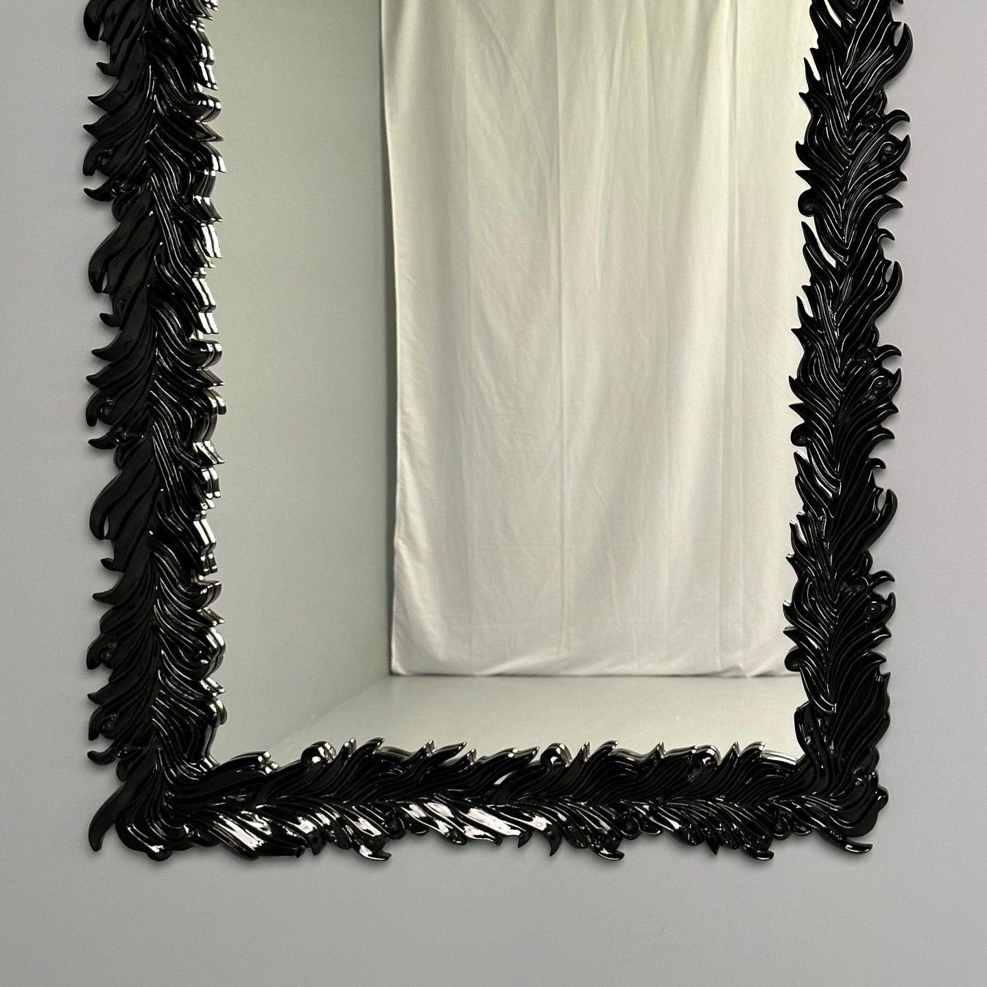 Wood Serge Roche Style, Modern, Rectangular Leaf Wall Mirrors, Black Lacquer For Sale