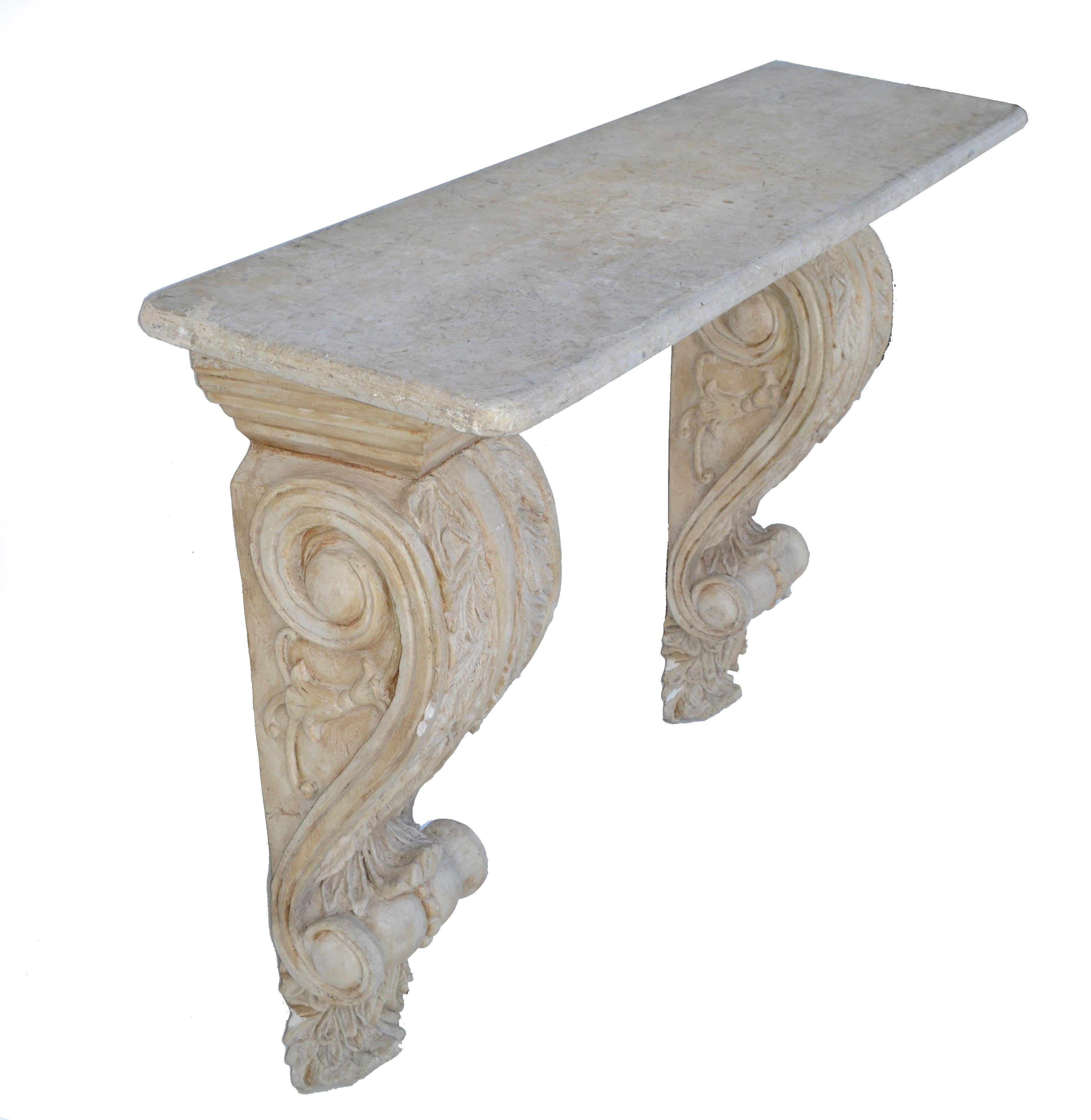 French Serge Roche Style Neoclassical Wall-Mounted Stone Plaster Console Table, France  For Sale