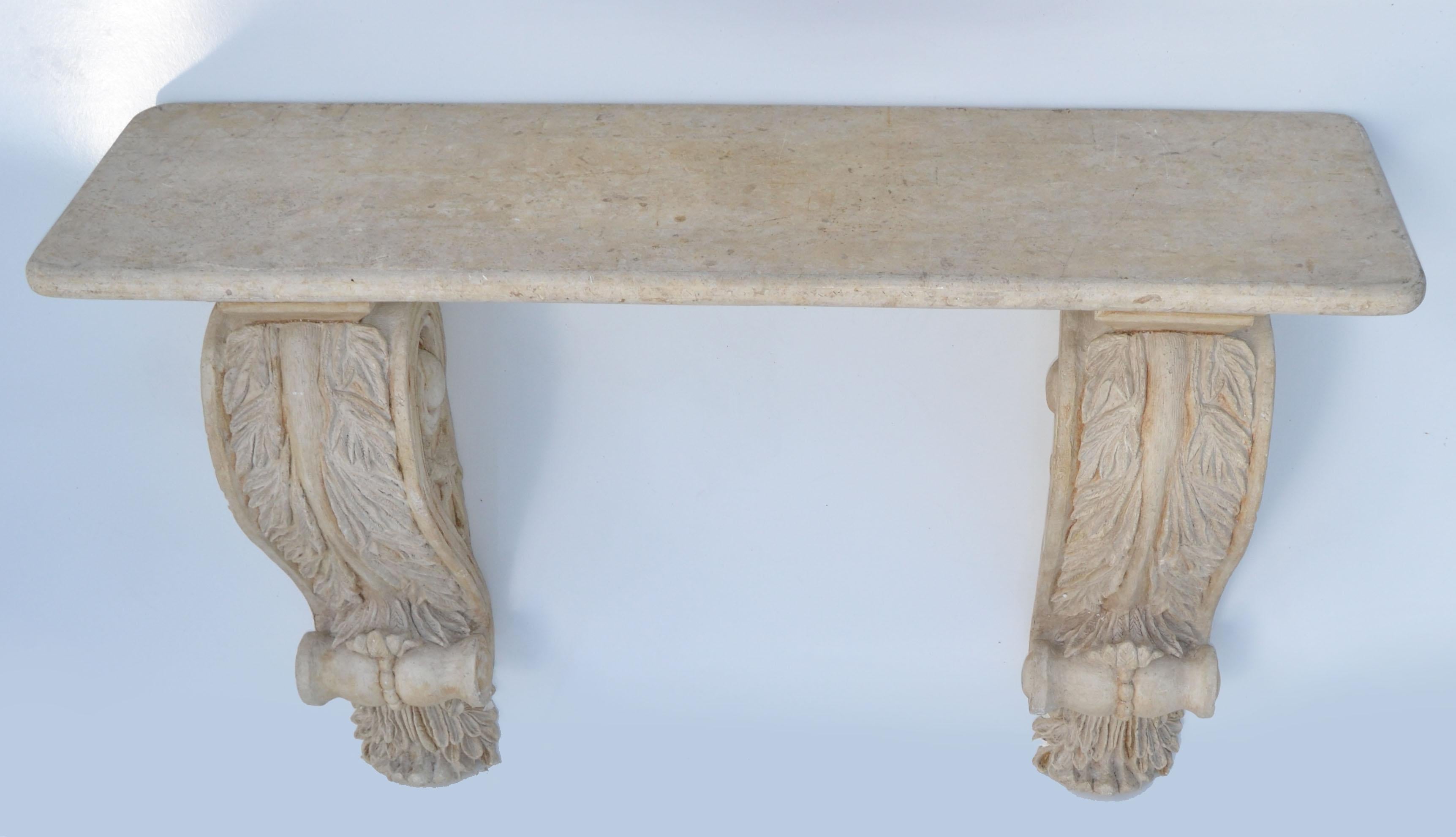 Hand-Carved Serge Roche Style Neoclassical Wall-Mounted Stone Plaster Console Table, France  For Sale