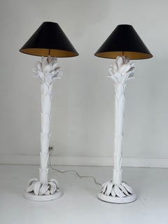 Serge Roche Style Palm Floor Lamps in Carved Wood, Pair