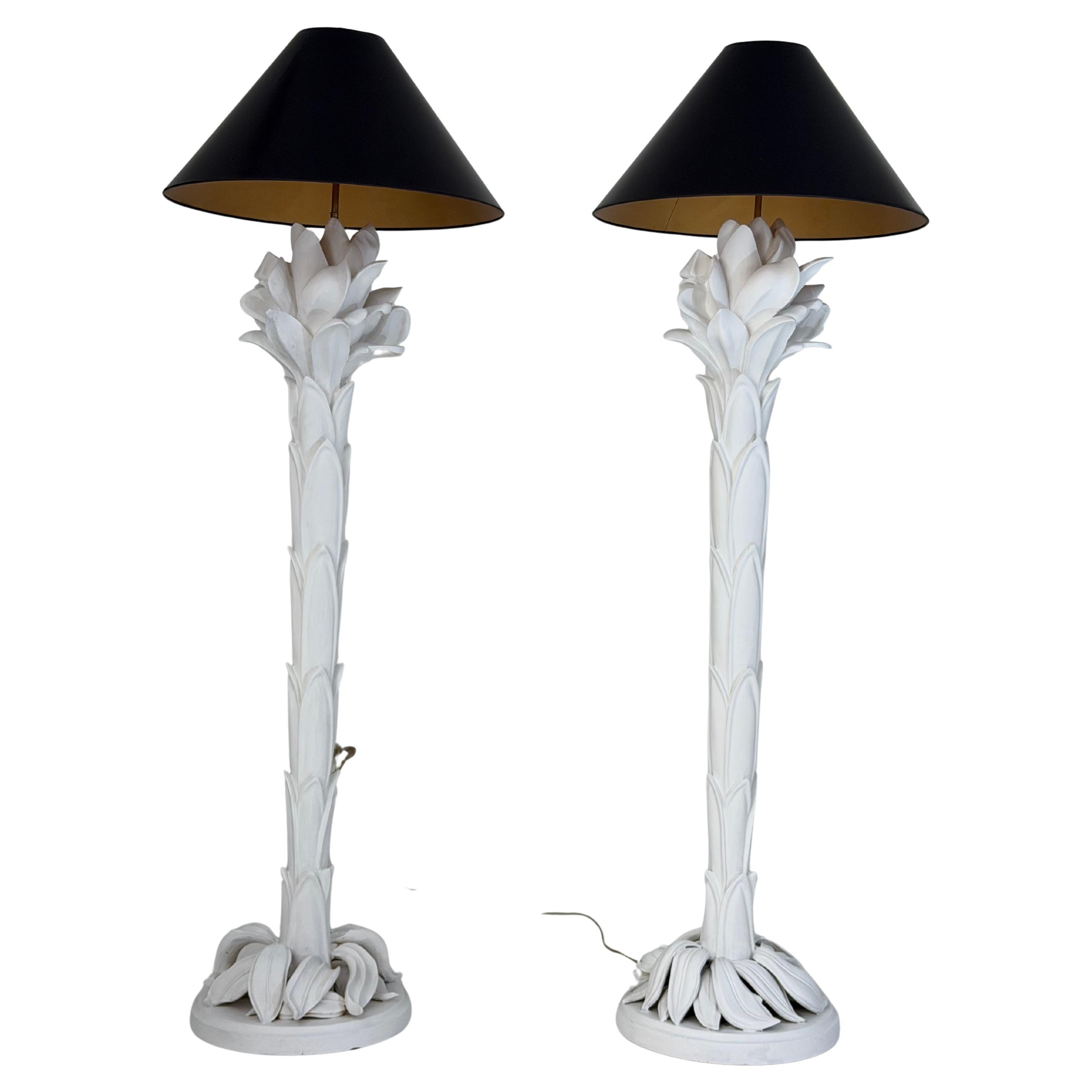 Lampade da terra a forma di palma in Wood intagliato in stile Serge Roche, coppia