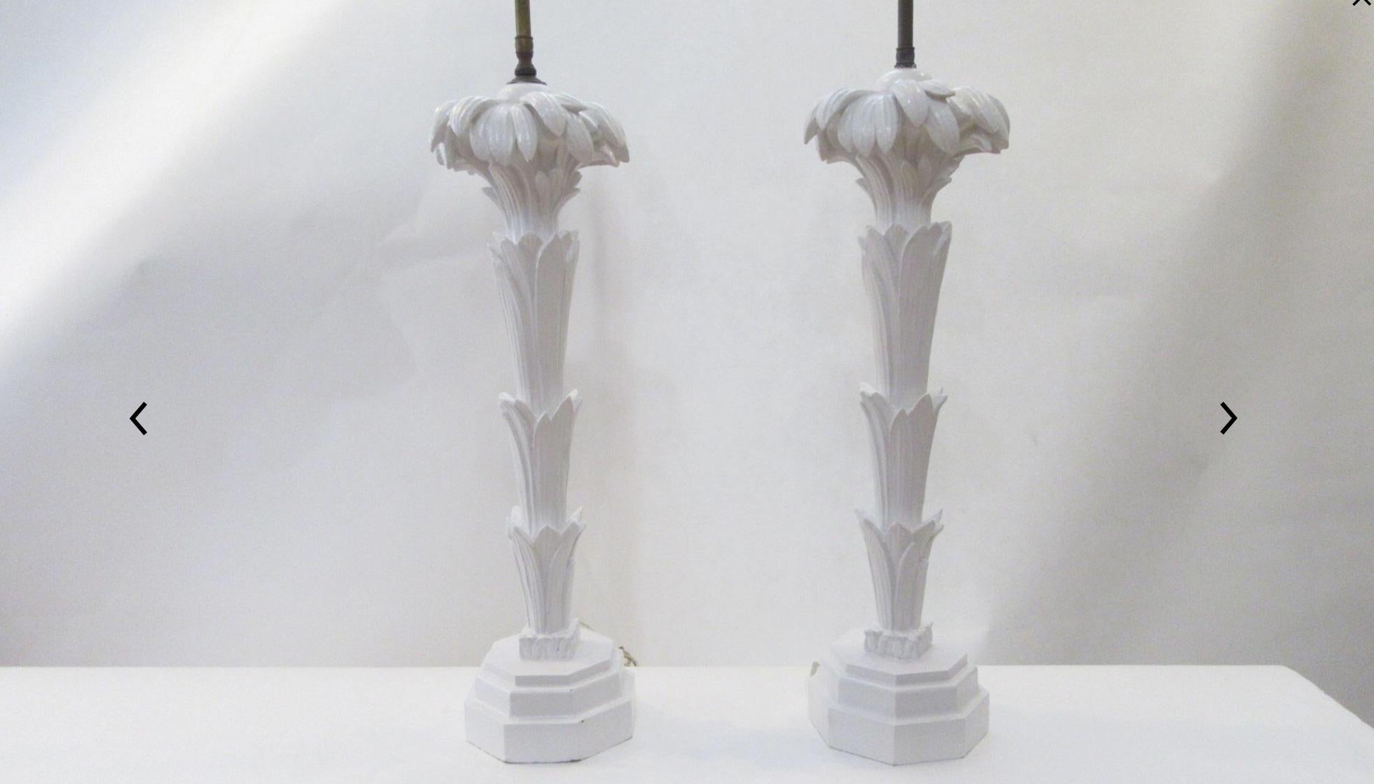 Midcentury Hollywood Regency style wooden palm tree table lamps. Painted white finish. Working condition.
Newly painted finish, not original finish.