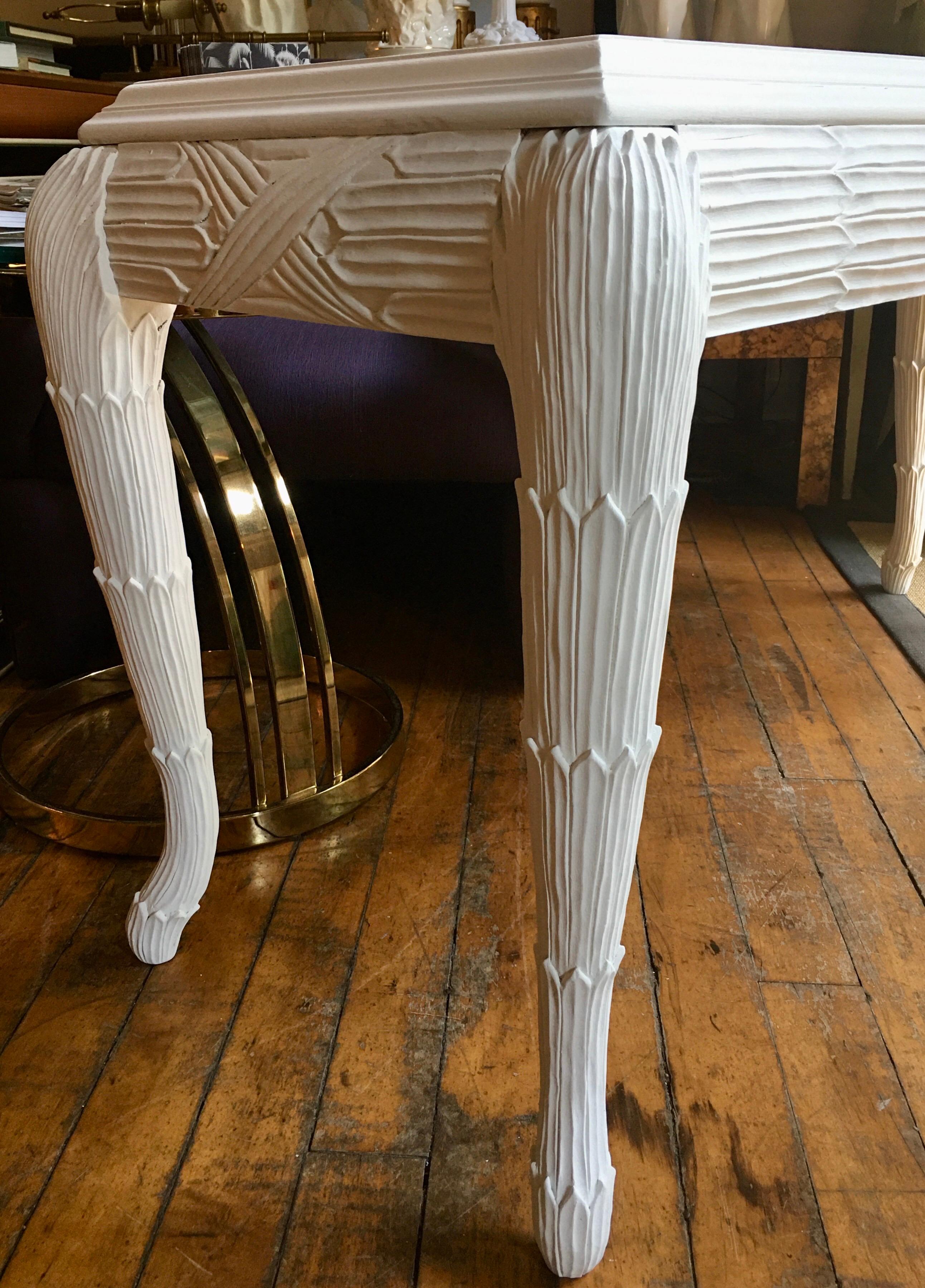 Serge Roche Style Plaster White Palm Carved Console Table For Sale 4