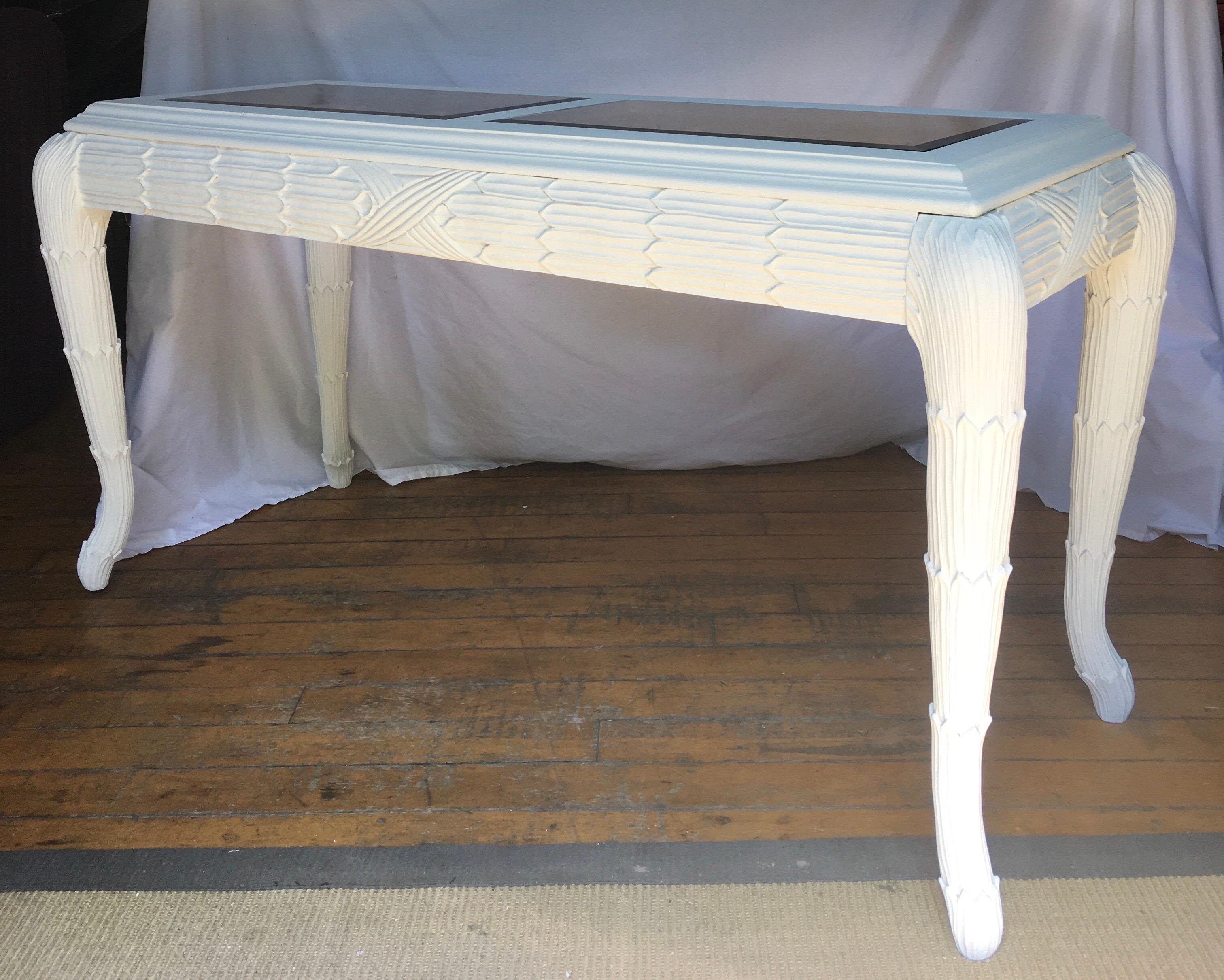 Glass Serge Roche Style Plaster White Palm Carved Console Table For Sale