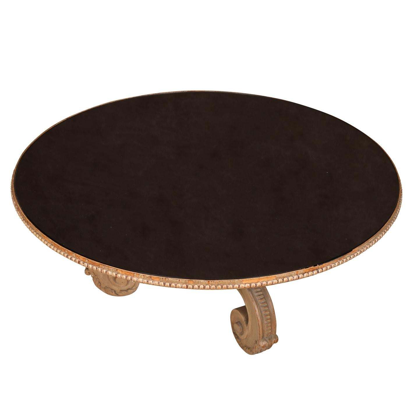 Mid-Century Modern Serge Roche Style Round Cerused Oak Coffee Table With Black Mirrored Top