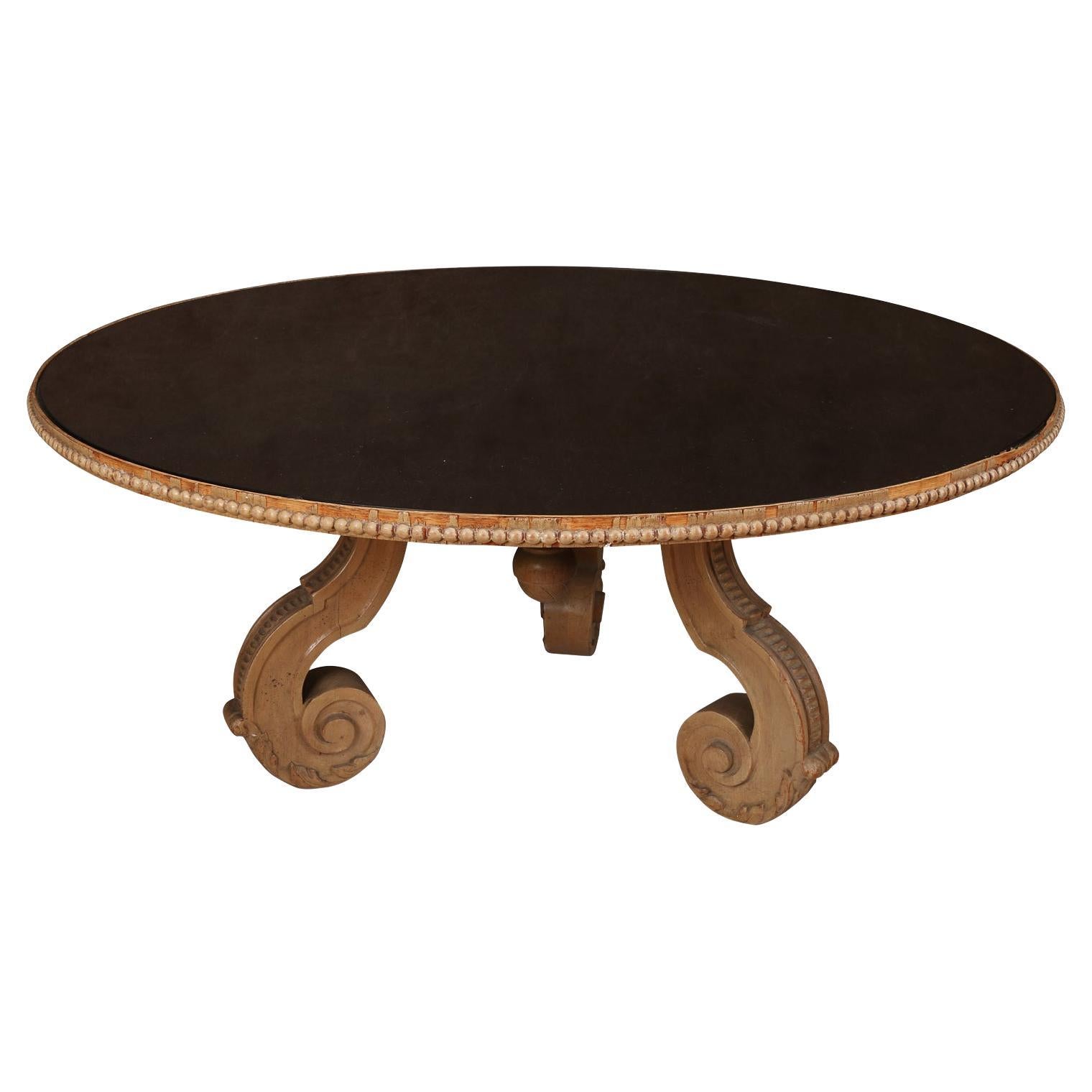 Serge Roche Style Round Cerused Oak Coffee Table With Black Mirrored Top