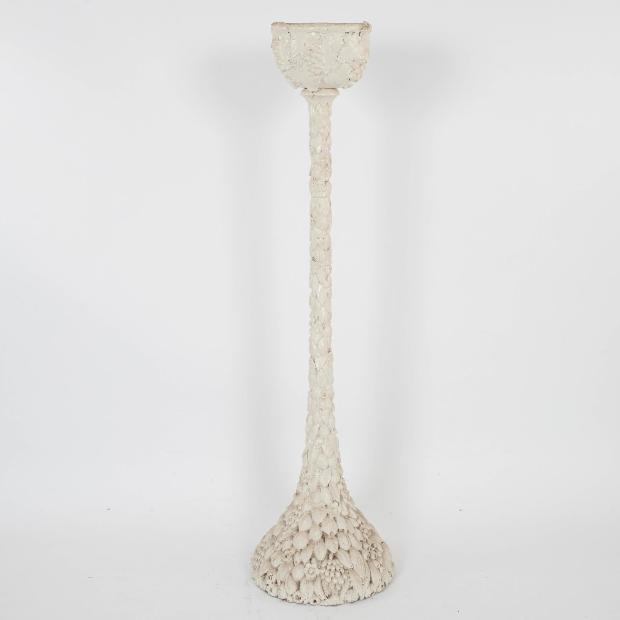 Intricately hand carved French torchere style floor lamp featuring an abundance of fruit nuts and foliage.