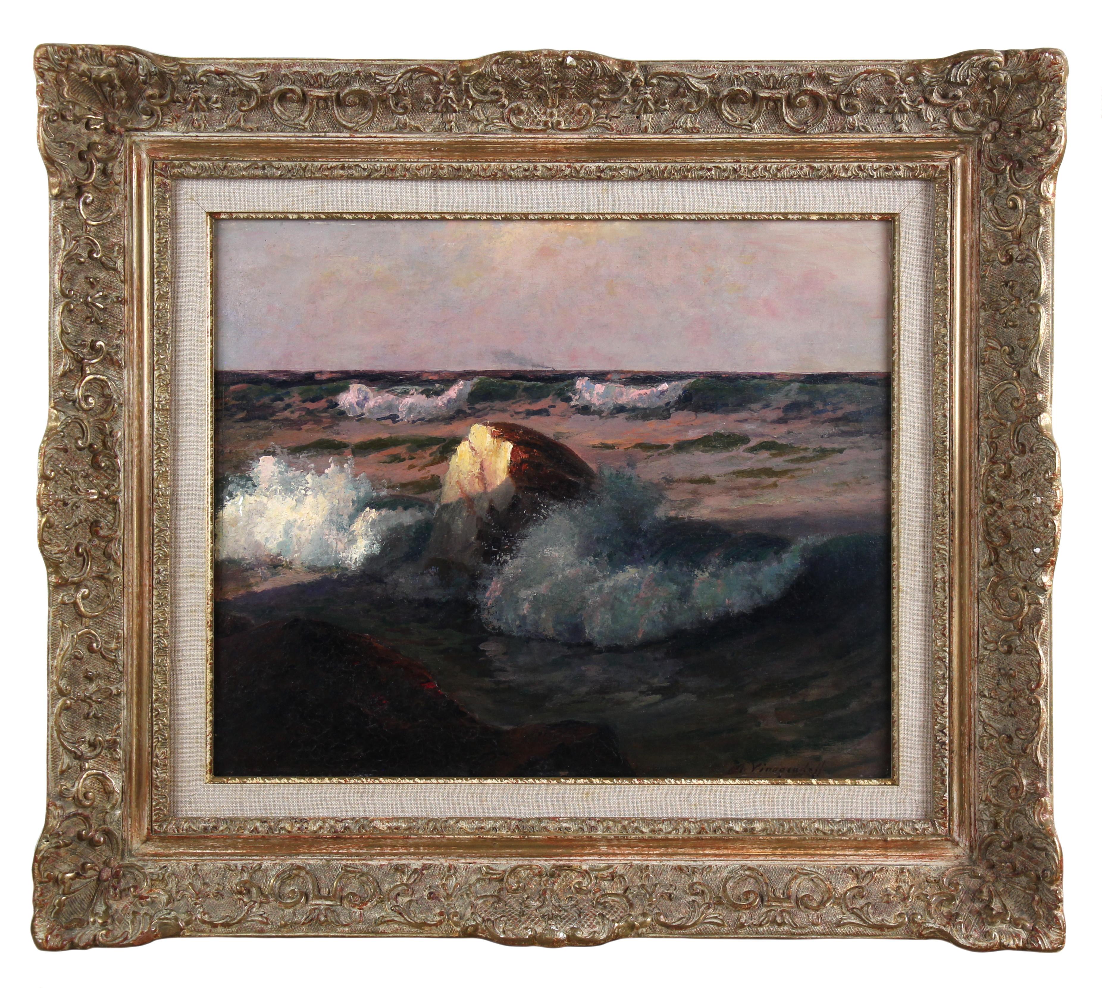 Ölgemälde auf Karton "Raue See mit Dampfer am Horizont" von S.A.Vinogradoff