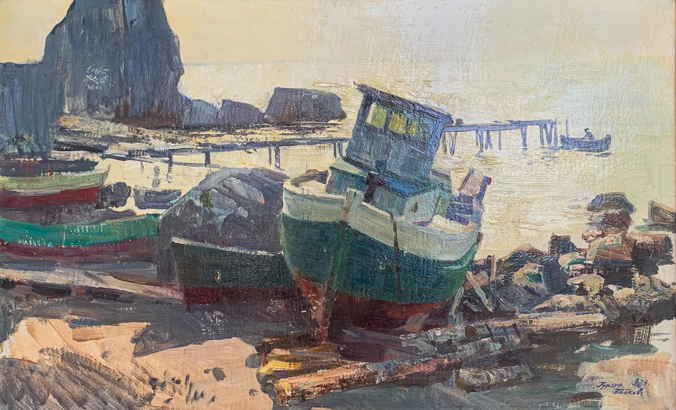 A serene beach scene bathed in bright sunlight.  The painting features fishing boats with green and red hulls resting among rocks on a beach with the sea in the background.  A distant pier stretches into the distance.

The paining is attractively