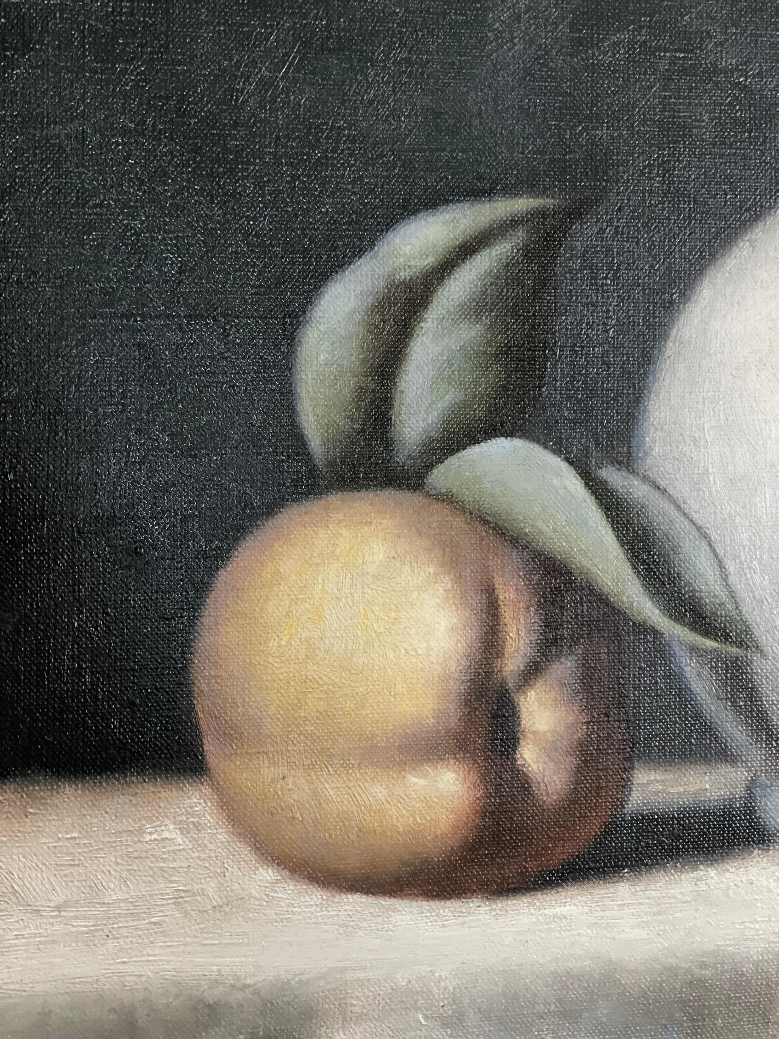 Still life with three apples - Gray Still-Life Painting by Sergei Belik