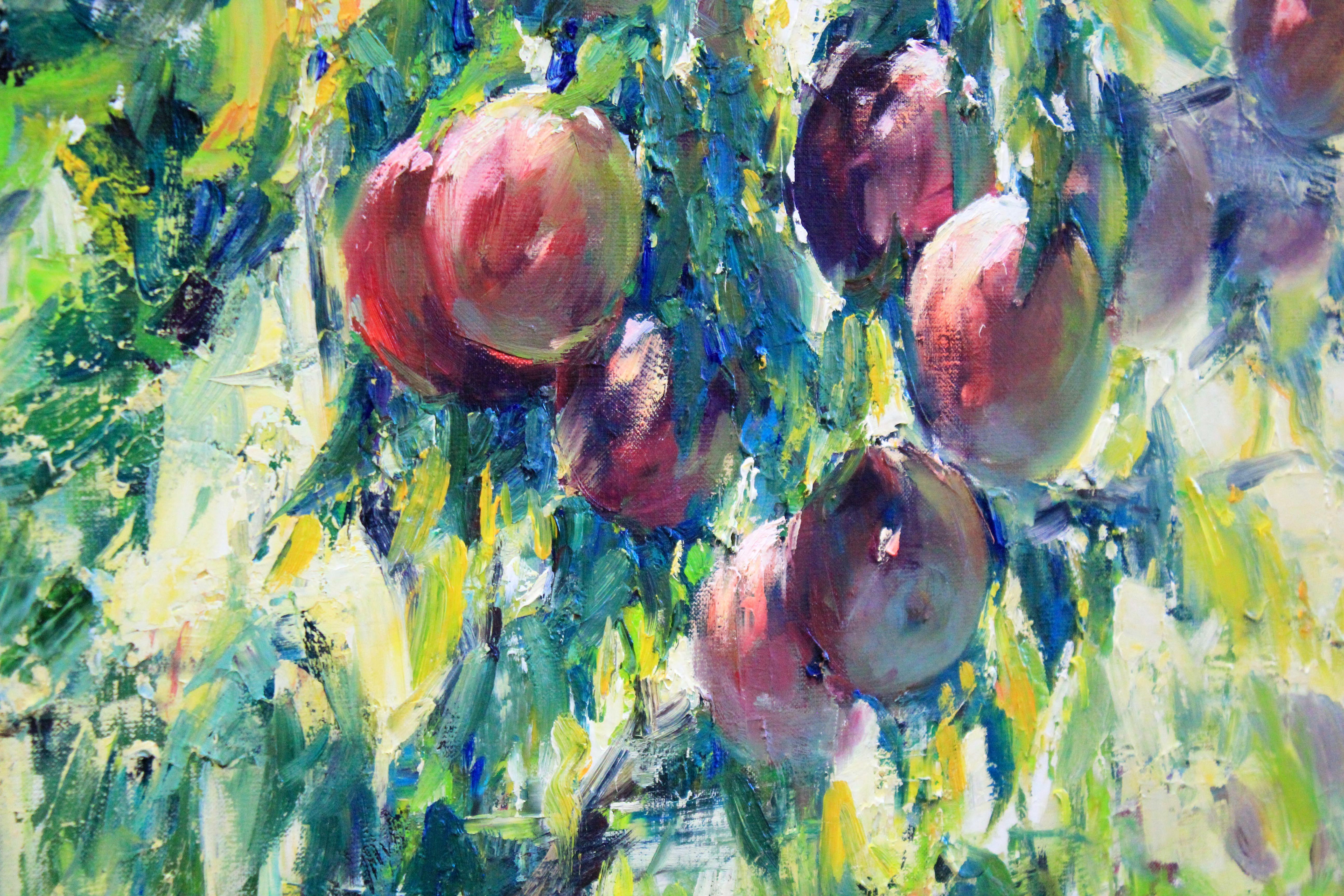 Peinture à l'huile paysage avec pommes, écrite dans le style de l'art impressionniste, de l'art réaliste, de l'art expressionniste.  Lors de la création du tableau, des couleurs rouge, jaune et verte ont été utilisées.  En Chine, les pommes sont