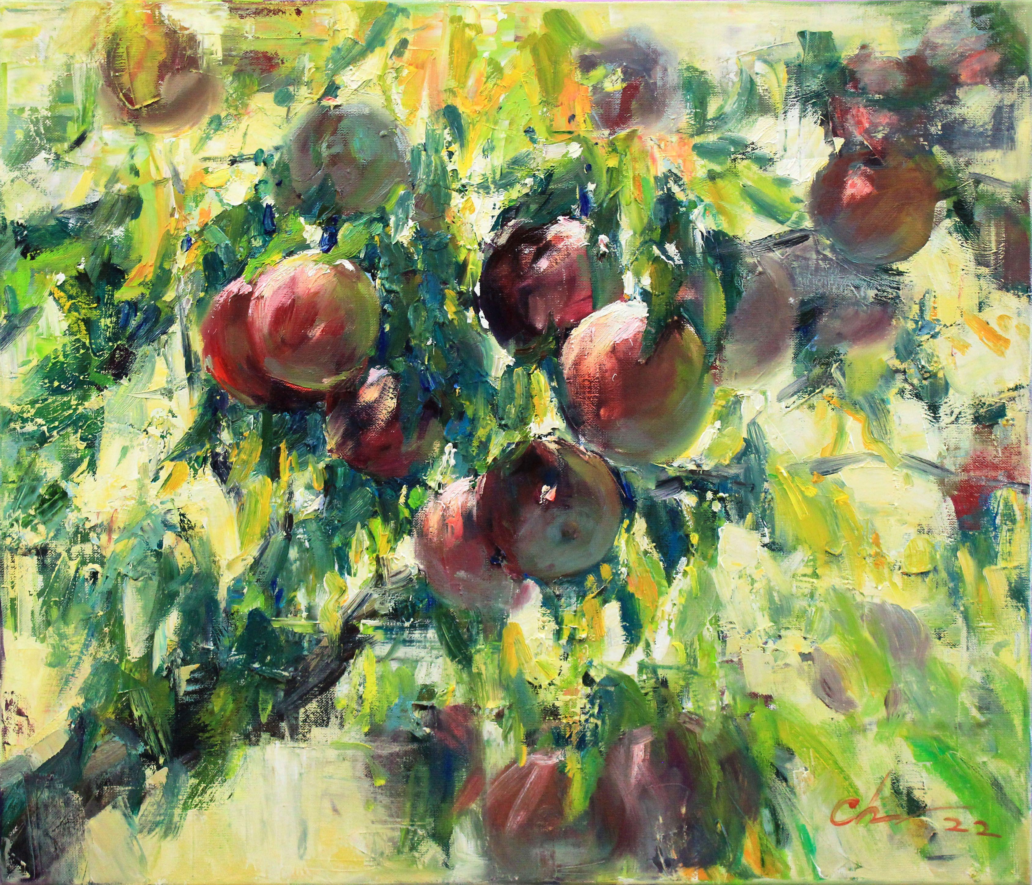 Oil painting landscape with apples, written in the style of impressionism art, realism art, expressionism art.  When creating the painting, red, yellow, green colors were used.  In China, apples are considered a symbol of wealth, health, and