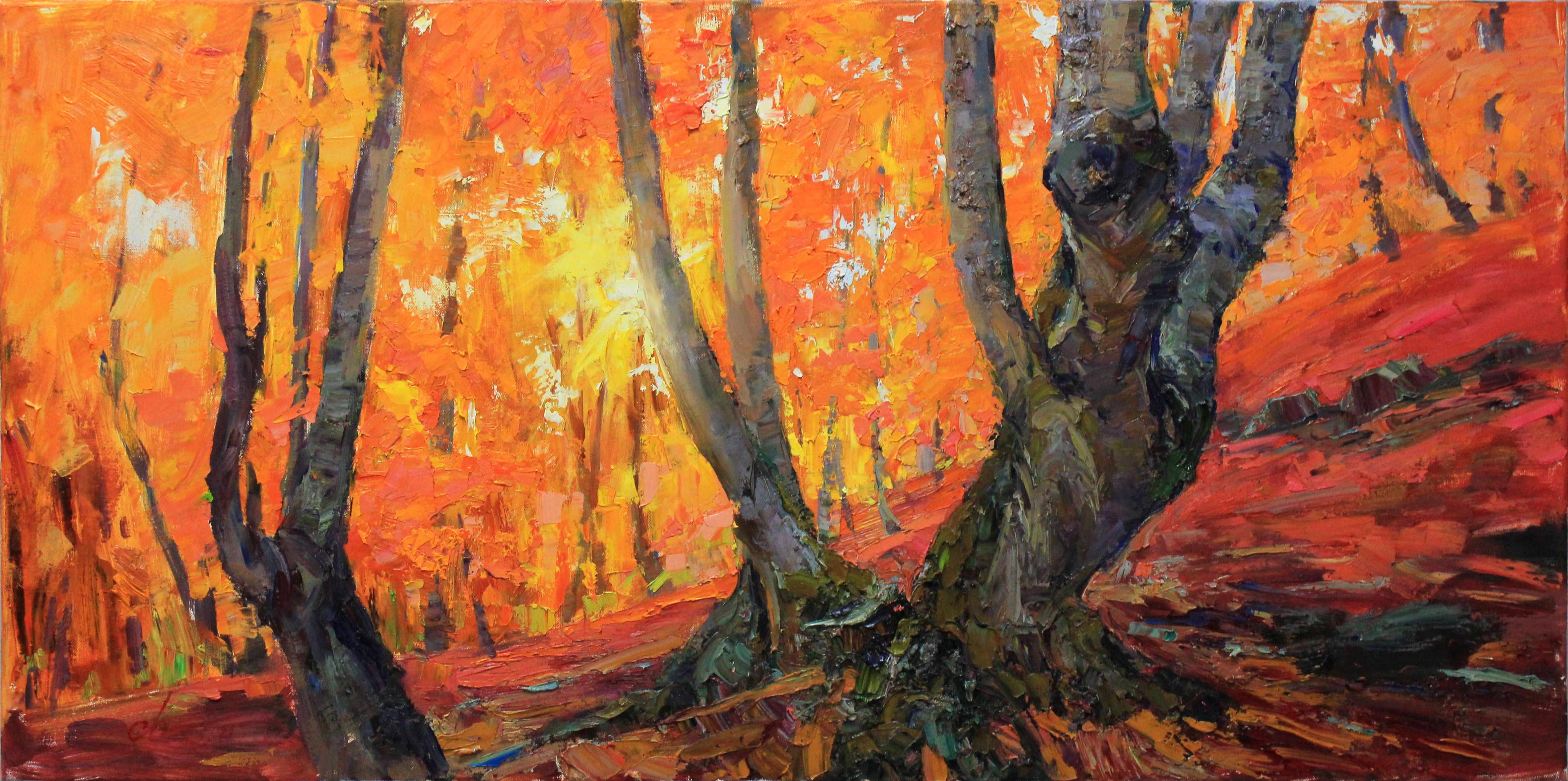 The beauty of the forest inspired me to create the painting "Autumn Forest".  The forest landscape is painted in warm yellows, oranges, browns, reds and blues.  The picture is written in the style of art impressionism art, art expressionism.  The