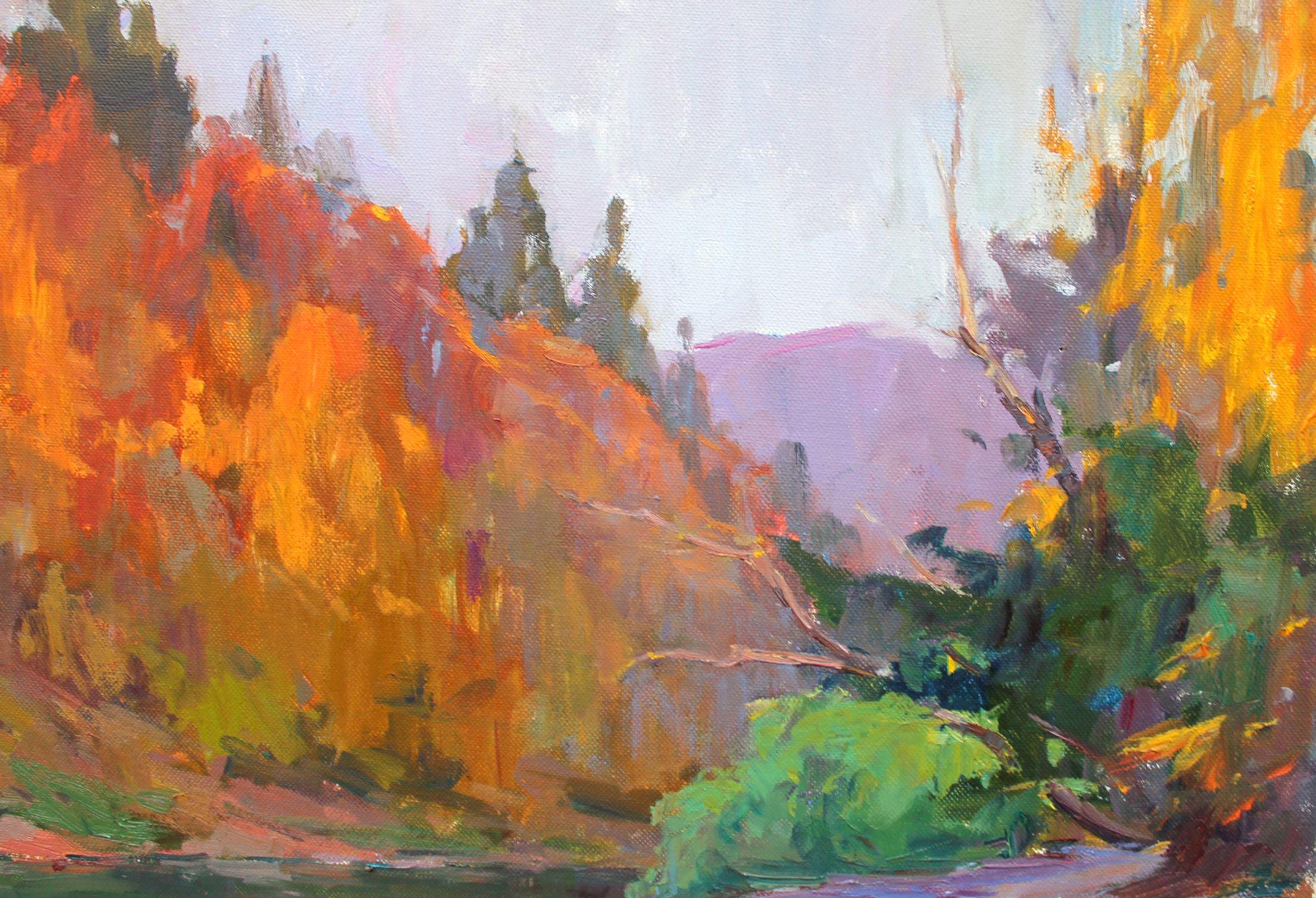 Sonnenstrand, Fluss, Herbstbäume, Berge, Flussfelsen, gemalt in dem Gemälde 