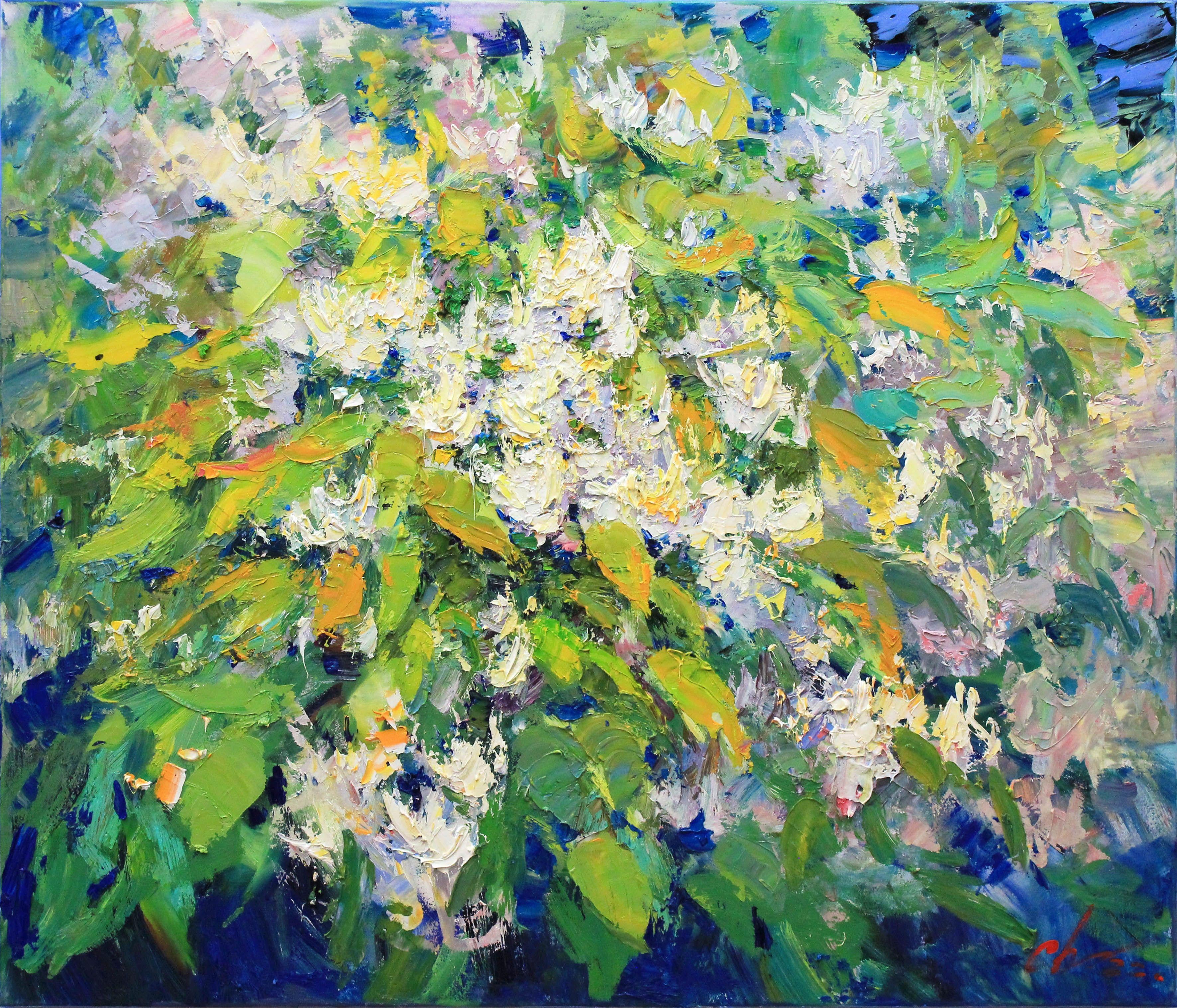 Oil painting with flowering quince, written in the style of impressionism art, realism art, expressionism art. Green, blue, yellow, white colors were used to create the picture. A painting with flowers also symbolizes prosperity, harmony in