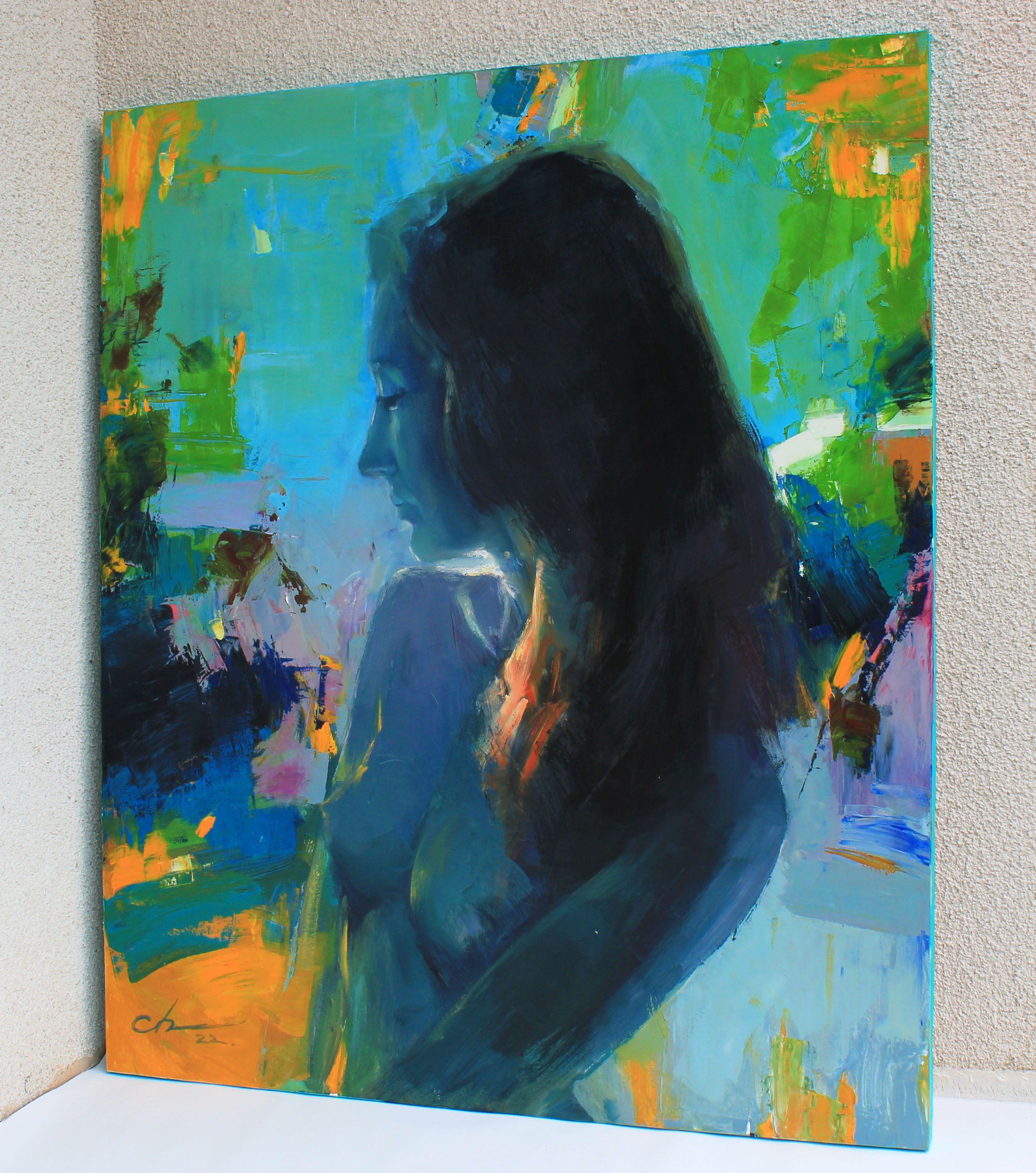 Eve, Painting, Oil on Canvas - Blue Abstract Painting by Sergei Chernyakovsky