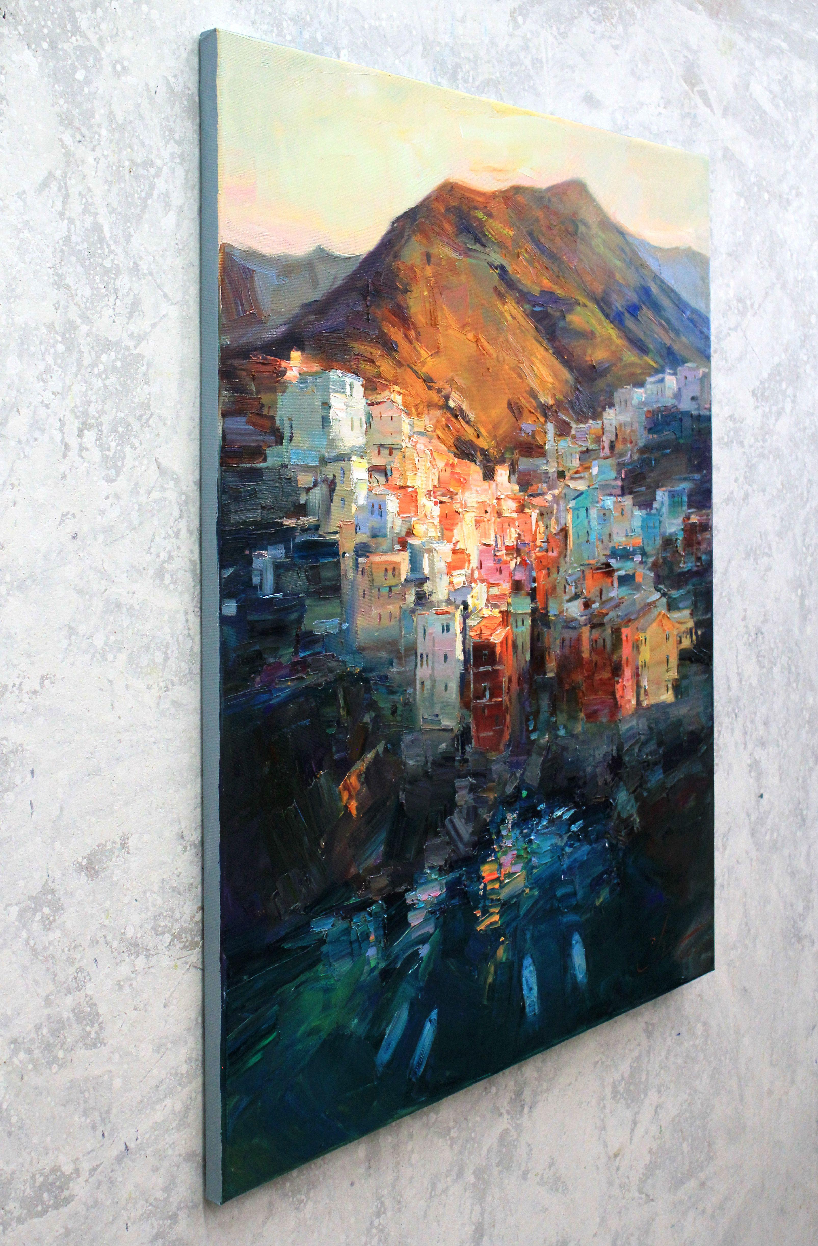 EVENING COAST OF RIOMAGGIORE, Painting, Oil on Canvas For Sale 1