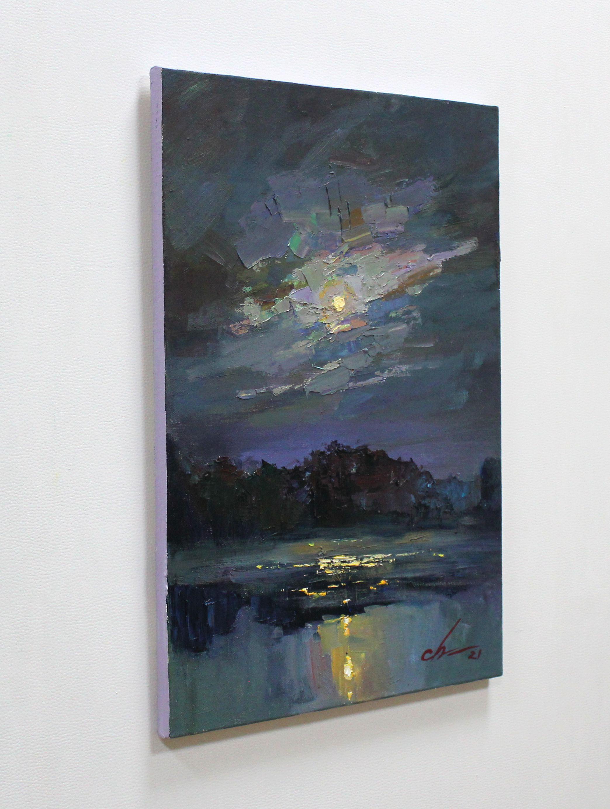 Vollmond über dem Fluss, Gemälde, Öl auf Leinwand (Impressionismus), Painting, von Sergei Chernyakovsky