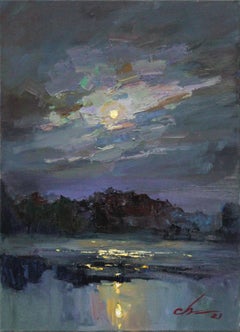 Full moon over the river, Painting, Oil on Canvas