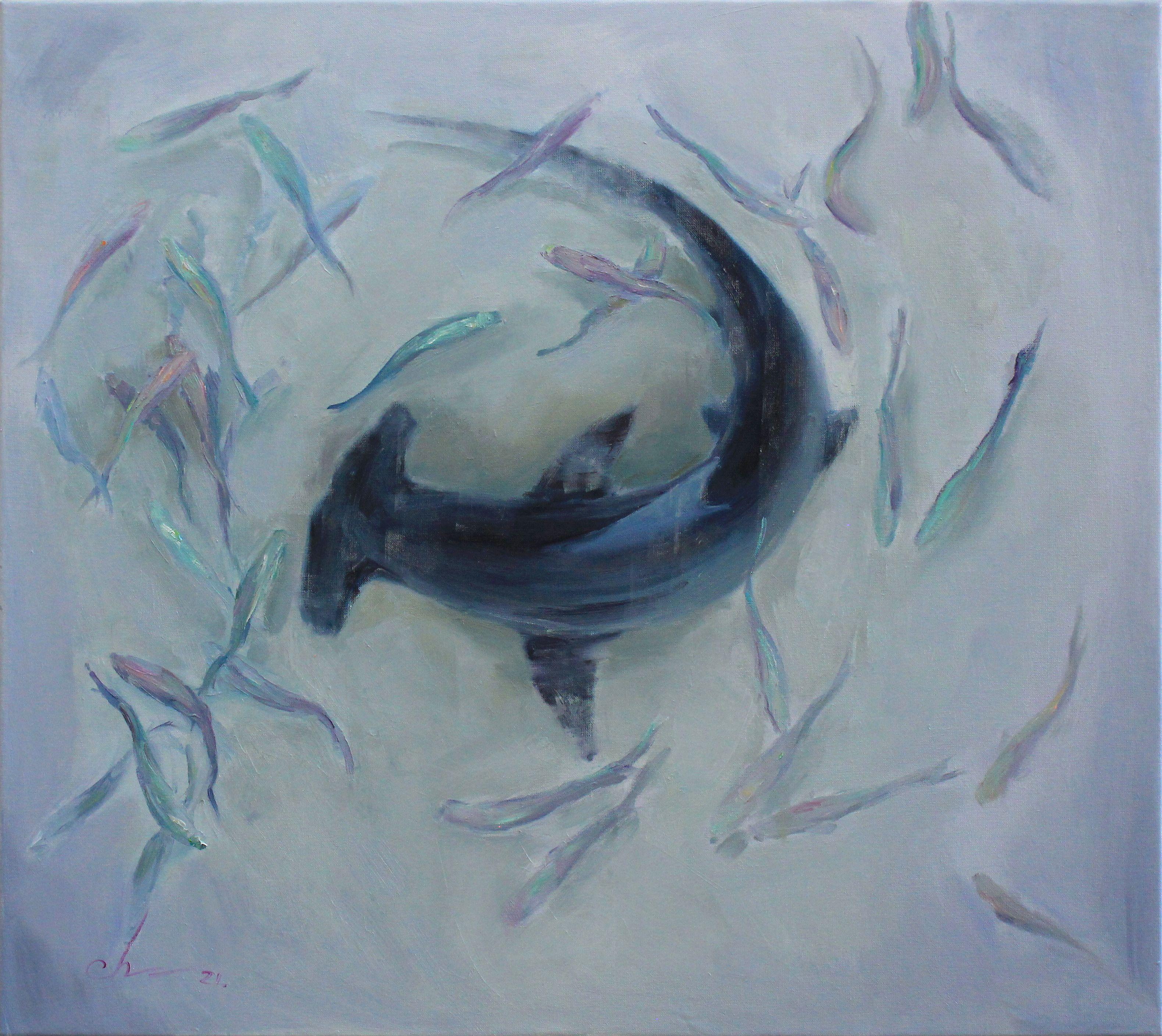 The original oil painting "Hammerhead Shark" belongs to the "World of Instincts" series.  The picture depicts a hammerhead shark.    The image of a shark means rage, fearlessness, power, aggression, perseverance, courage and self-confidence.  Shark