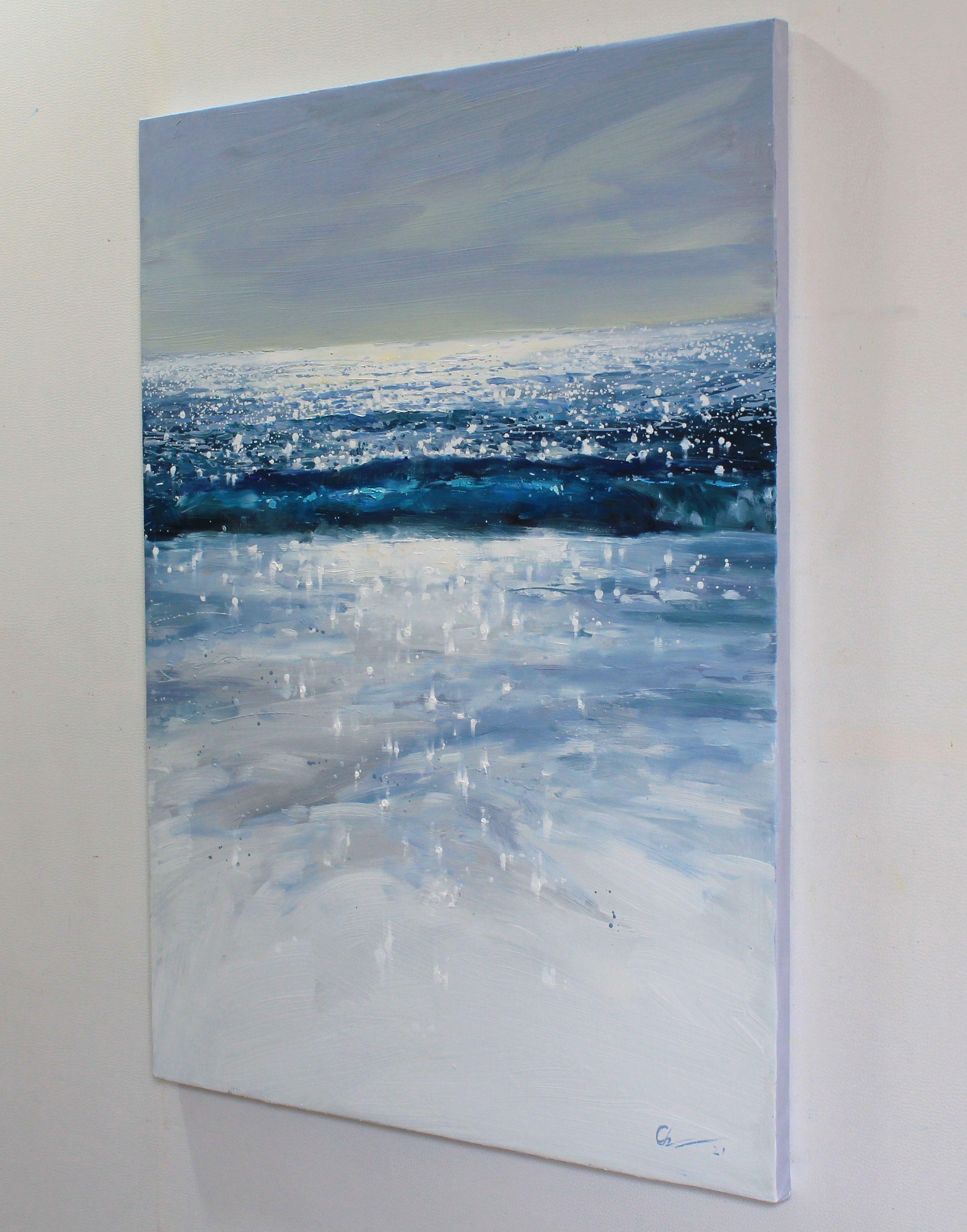 Ölgemälde Landschaft mit dem Meer, gemalt im Stil des Impressionismus Kunst, Realismus Kunst, Expressionismus Kunst. Die unglaubliche Schönheit des Meeres, das Glänzen der Sonnenstrahlen auf dem Wasser inspirierte den Künstler zu dem Gemälde 