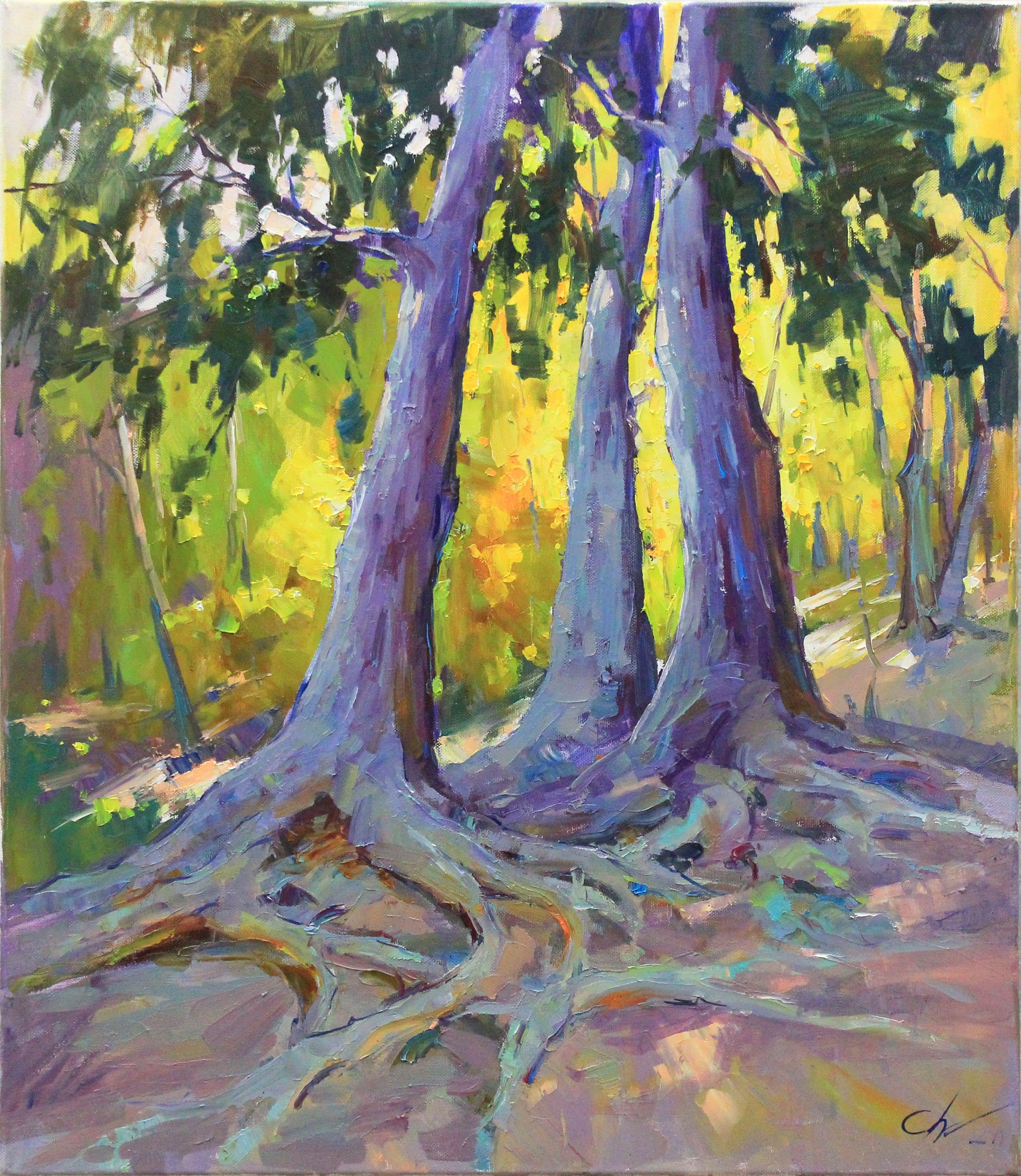 The beauty of the forest inspired the i to create the painting "In the shade of trees".  The forest landscape is painted in warm yellows, greens, cold purples, and blues.  The painting is painted in the style of impressionist art, expressionist art.