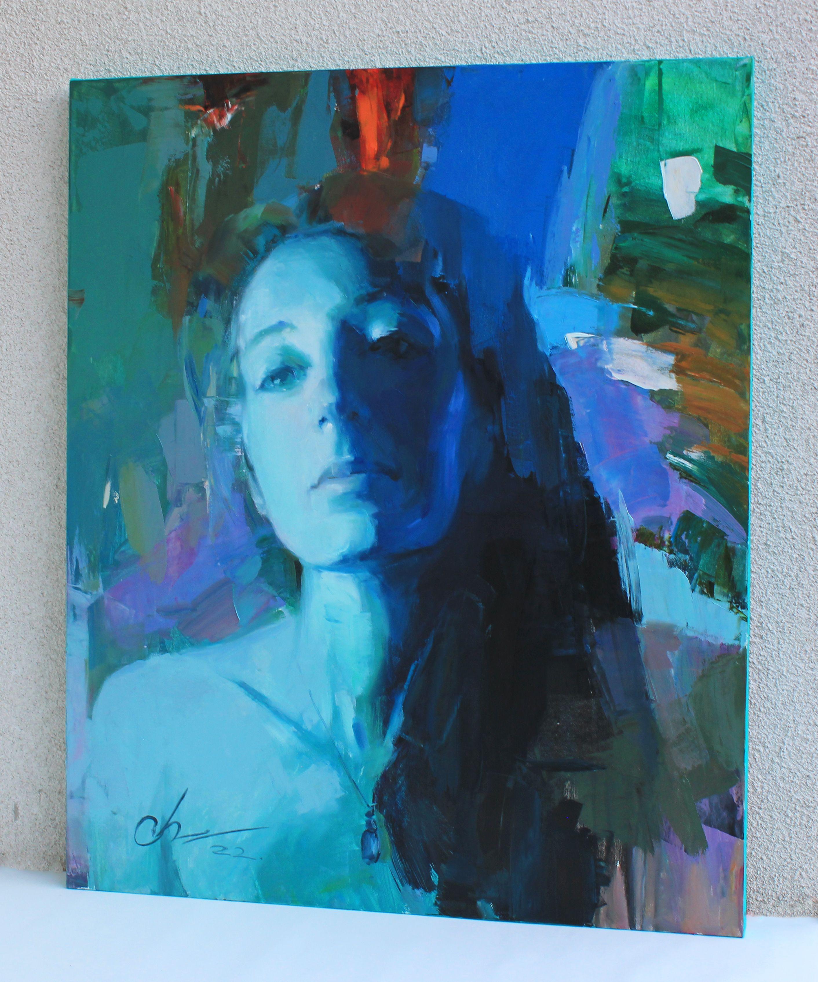 Melancholy, Painting, Oil on Canvas - Blue Abstract Painting by Sergei Chernyakovsky
