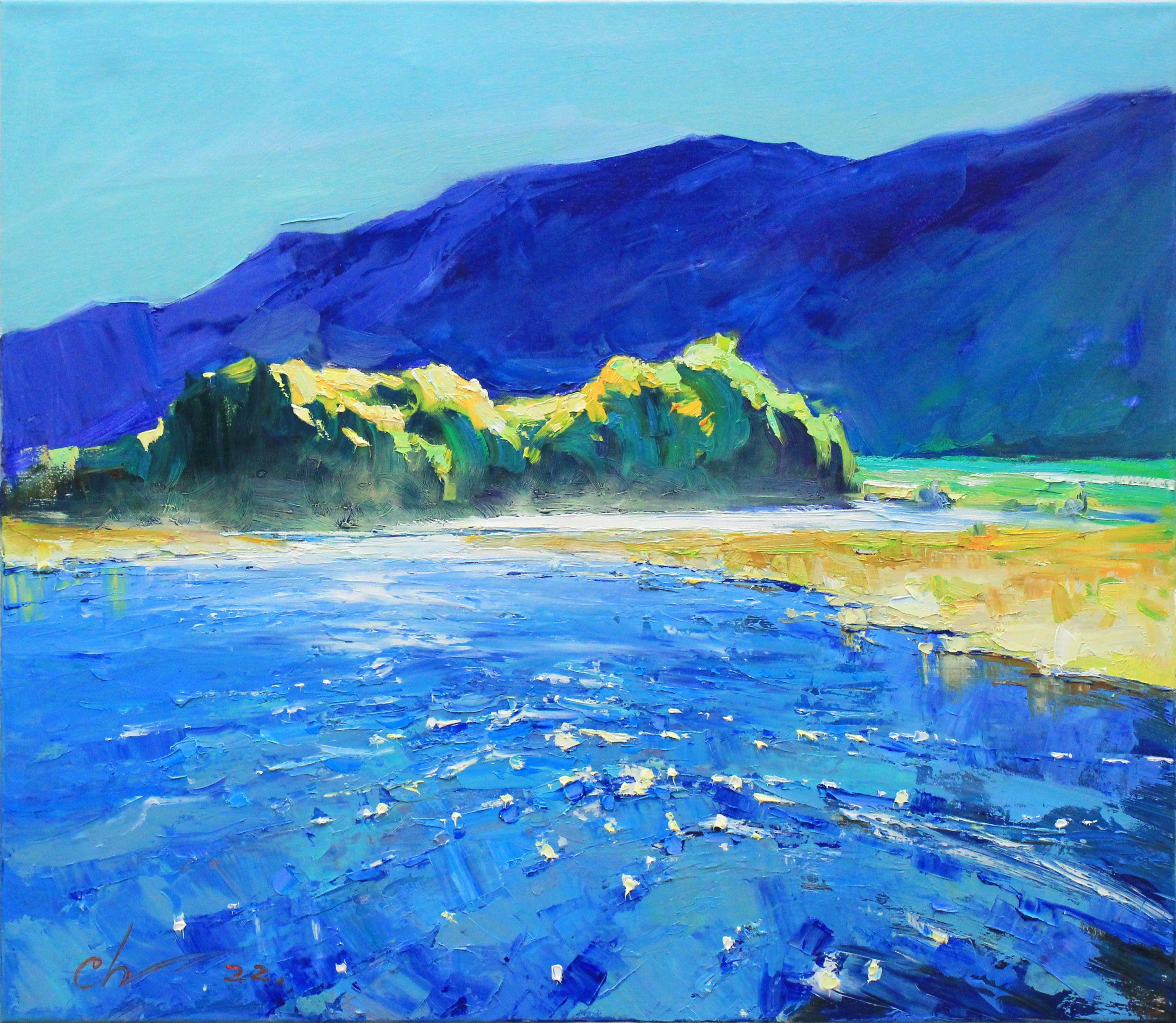 Morning coast, river, summer trees, mountains, river rocks, painted on the painting "Midday". A rich palette of blue, green, yellow hues enhances the energy and beauty of the river.  The painting is written in the style of impressionism art,