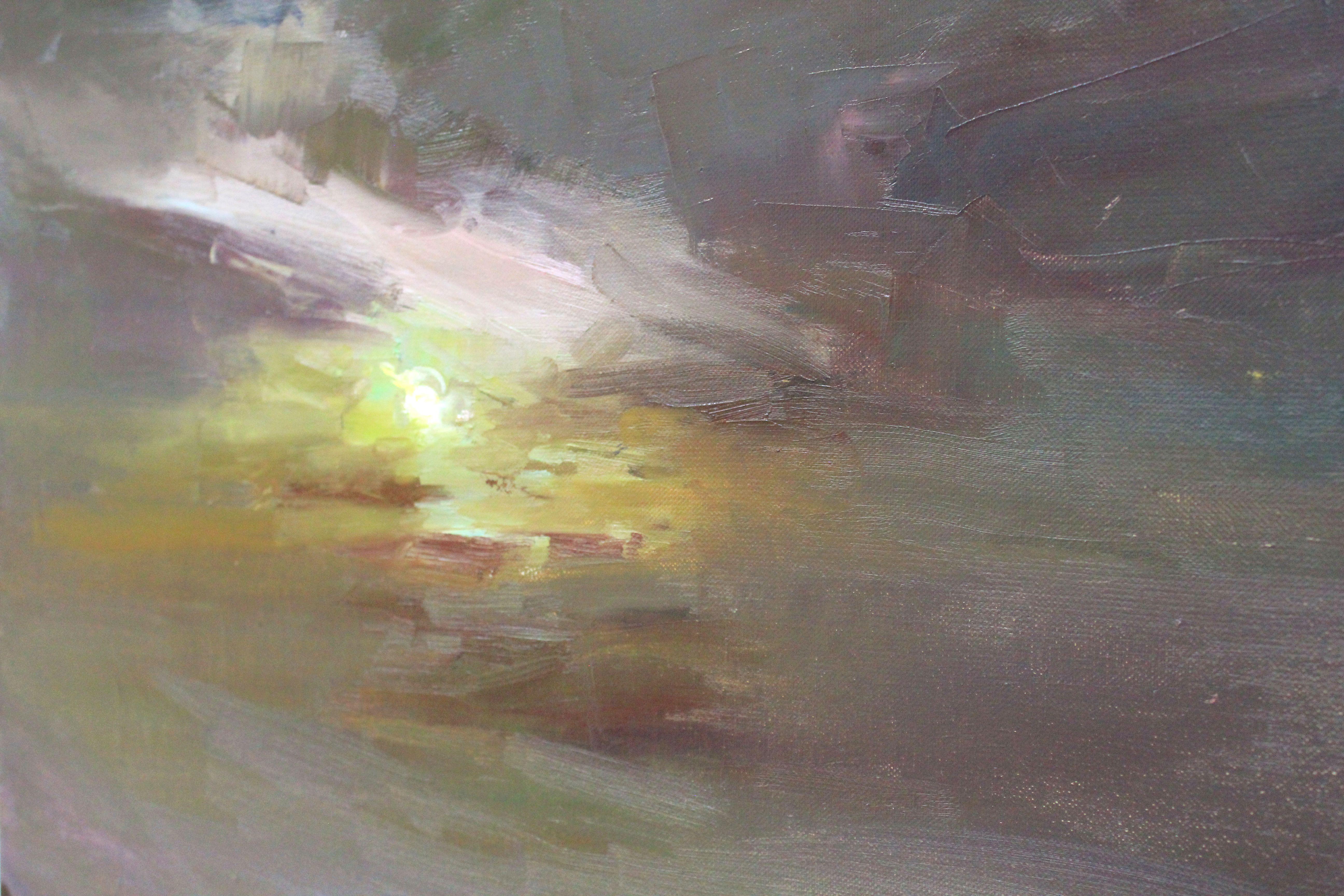 Ölgemälde Landschaft mit einem Vollmond auf dem Fluss, gemalt im Stil der impressionistischen Kunst, realistische Kunst. Landschaften mit Vollmond inspirieren einen Künstler immer zu einem neuen Gemälde. Bei der Gestaltung des Bildes wurden warme
