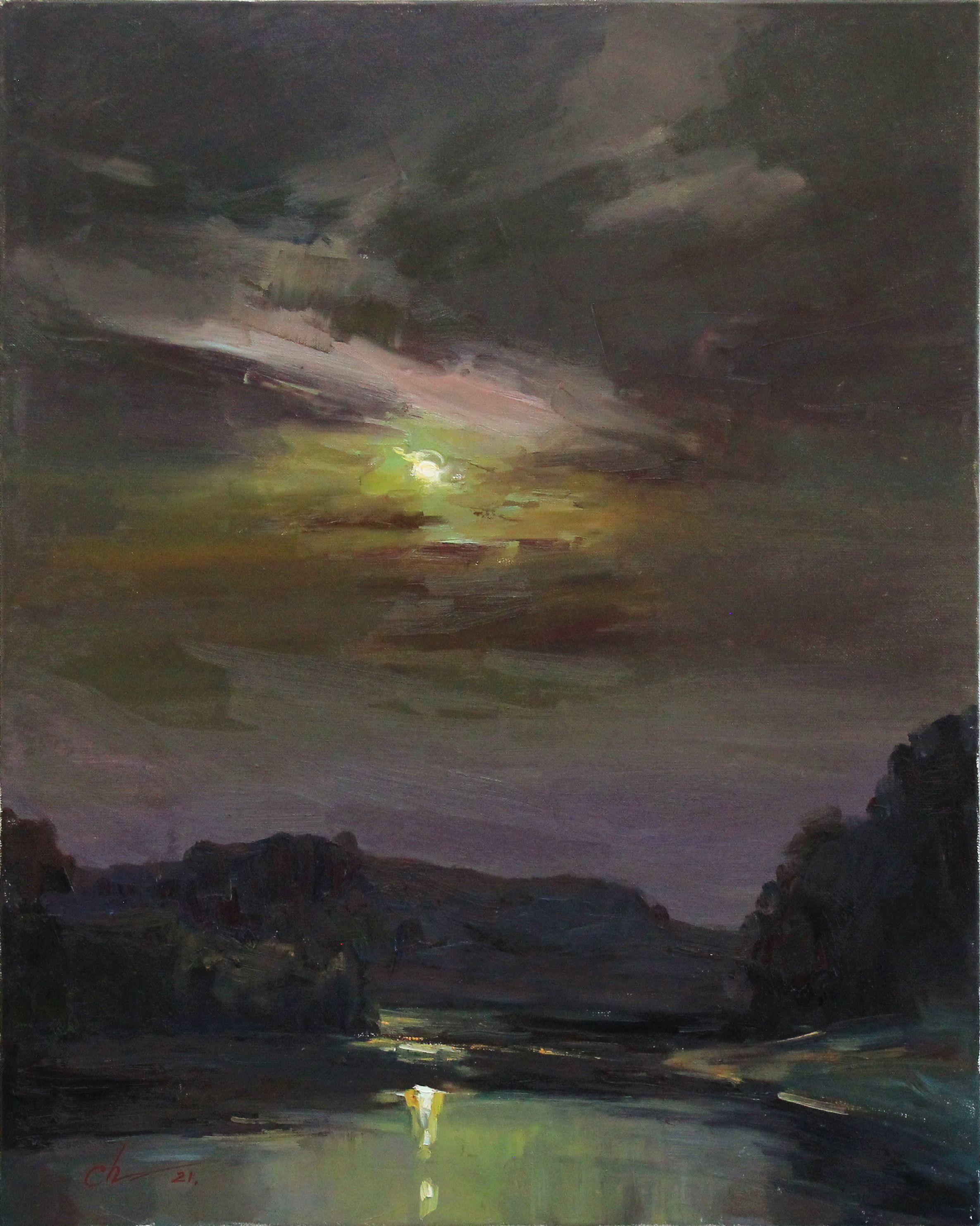 Oil painting landscape with a full moon on the river, painted in the style of impressionist art, realistic art. Landscapes with a full moon always inspire an artist to create a new painting. When creating the picture, warm green, black, yellow,