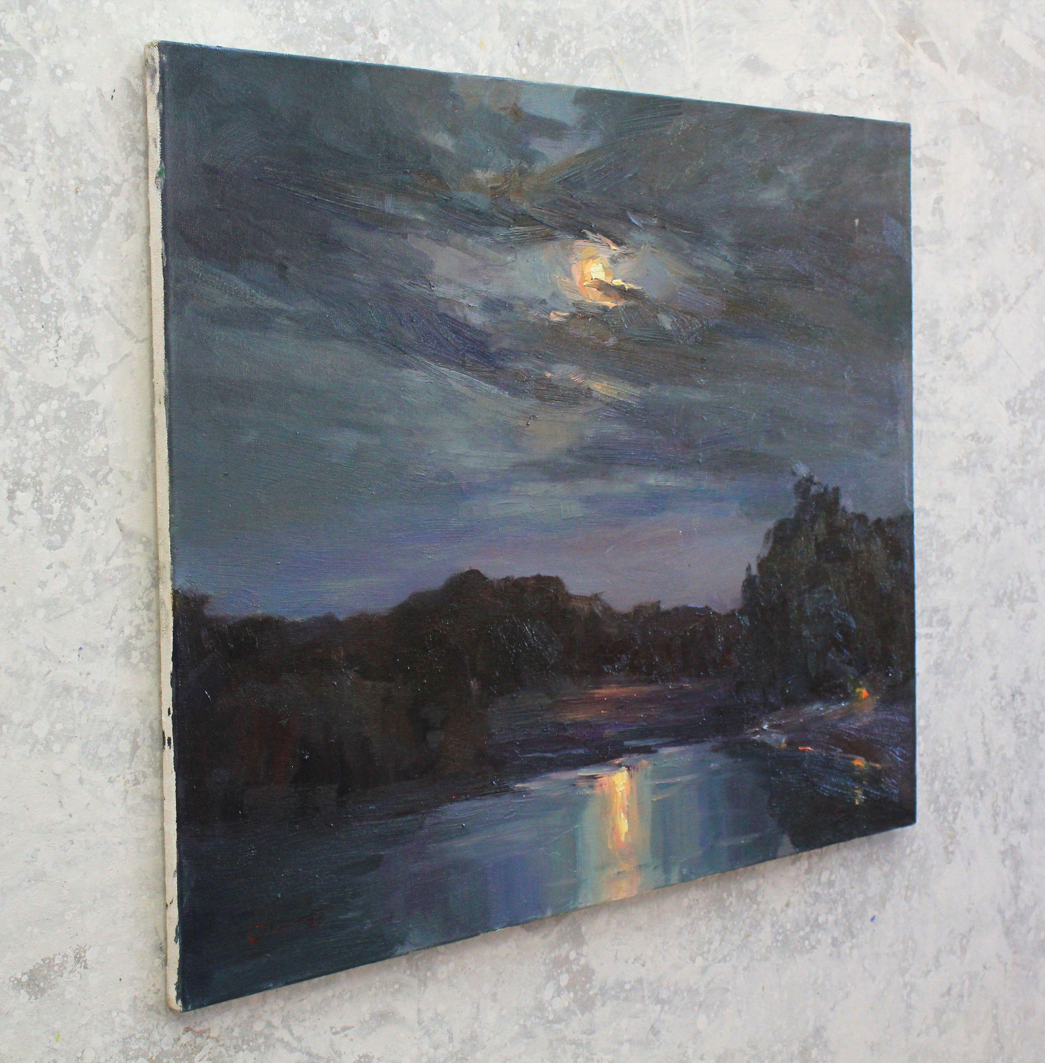 Moonrise by the river, Painting, Oil on Canvas For Sale 1