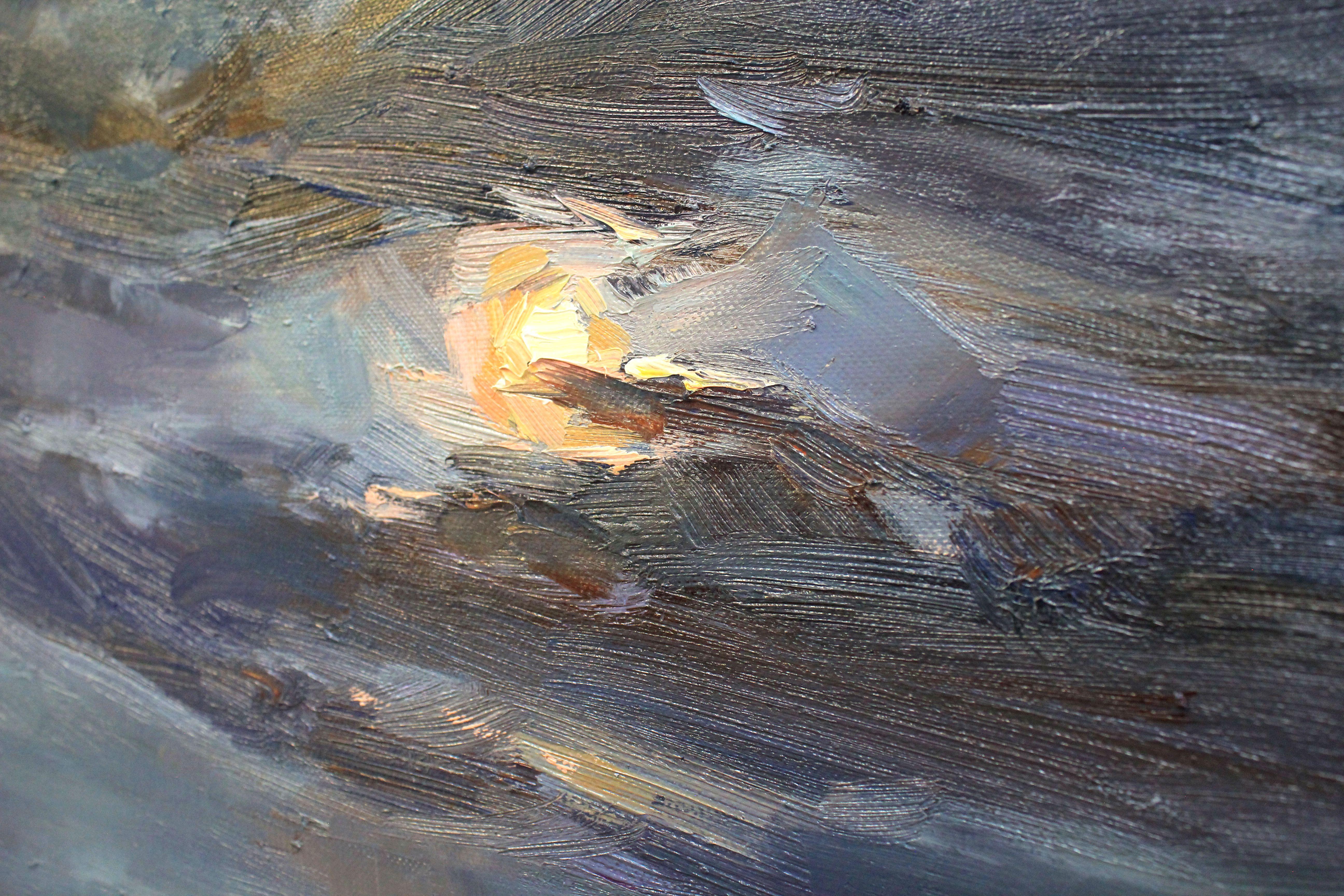 Moonrise by the river, Painting, Oil on Canvas For Sale 3