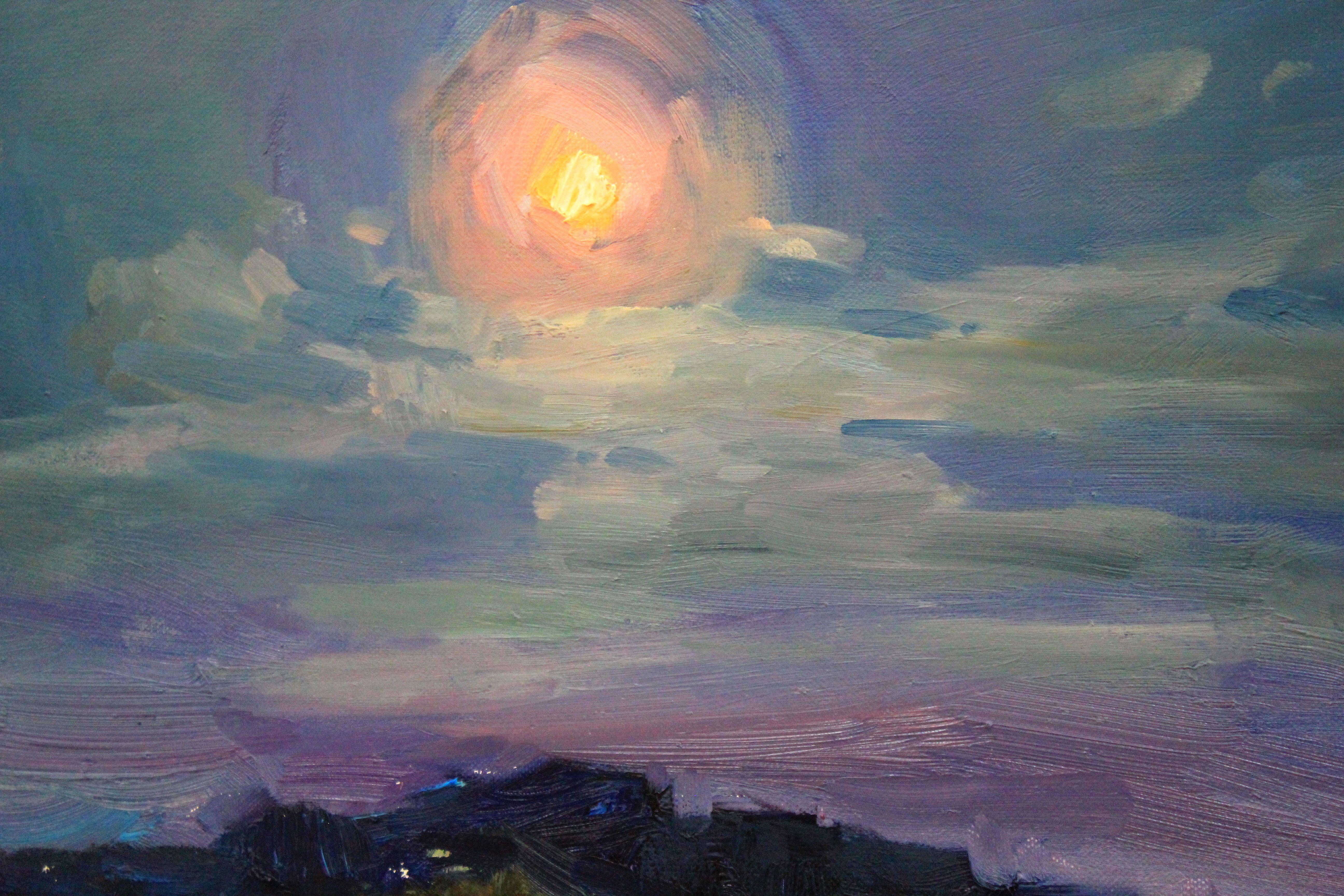 Vollmondlandschaften inspirieren einen Künstler immer wieder zu einem neuen Bild. Bei der Erstellung des Gemäldes wurden blaugrüne, schwarze, gelbe und graue Farbtöne verwendet.  Der Mond wird mit einer Frau, Wasser, Fruchtbarkeit und Wiedergeburt
