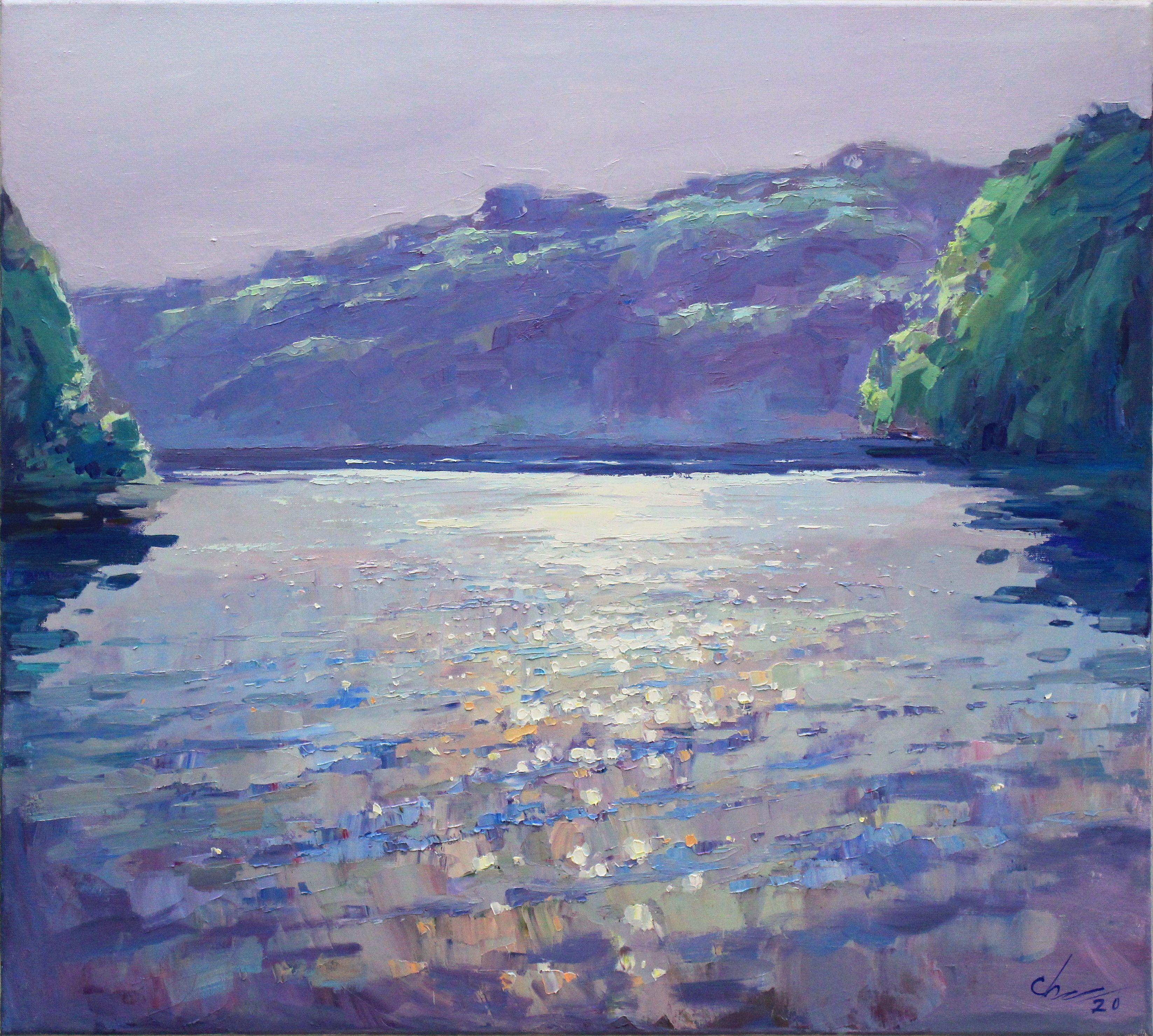 Original oil painting by Ukrainian artist Sergei Chernyakovsky.  Oil painting landscape with a lake, painted in the style of impressionist art, realistic art, expressionist art. The incredible beauty of lakes and rivers inspired the artist to create