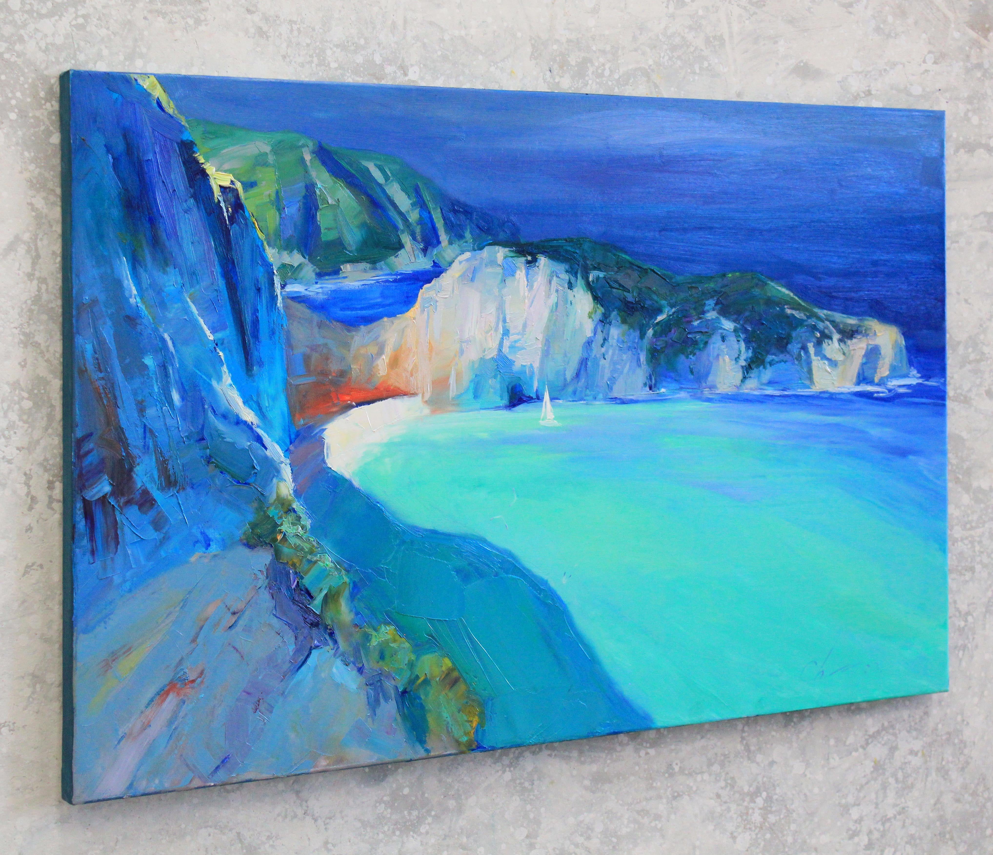Navagio Beach Grèce, peinture, huile sur toile - Impressionnisme Painting par Sergei Chernyakovsky