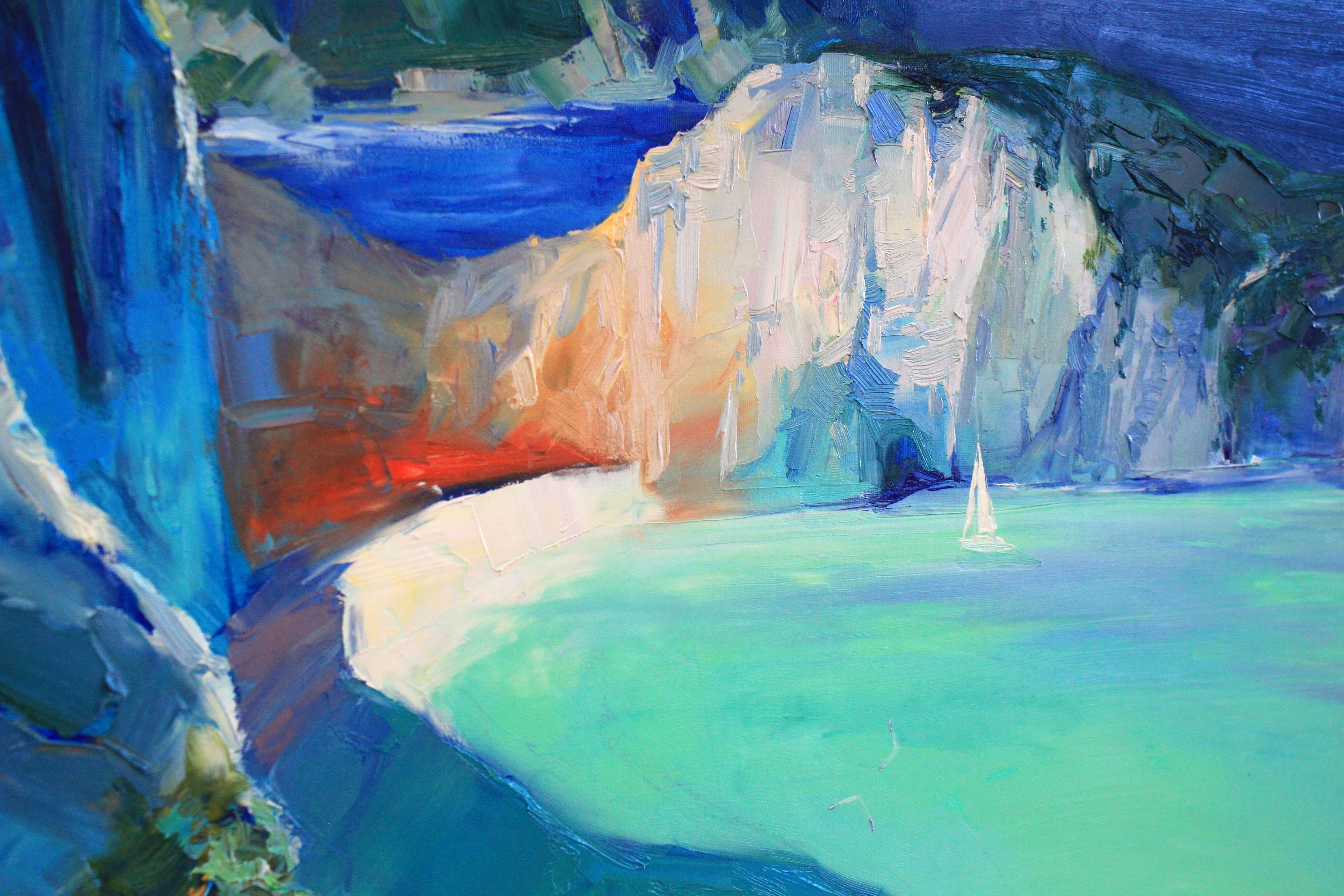 Cette peinture marine originale capture l'essence de la plage de Navagio en Grèce, une destination étonnante connue pour sa côte rocheuse pittoresque et ses eaux bleues cristallines. J'incorpore différentes nuances de bleu pour représenter la mer