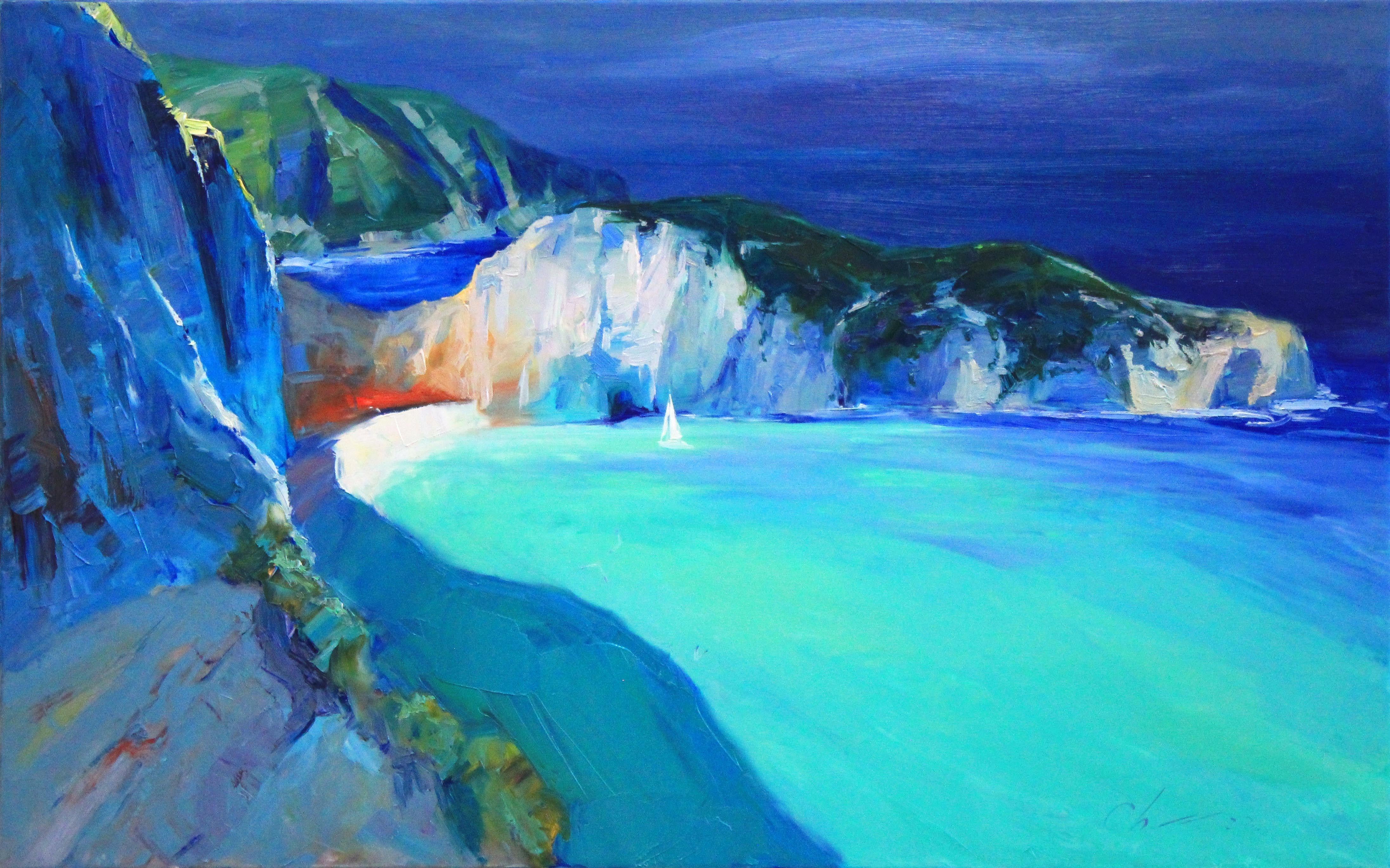 This original seascape painting captures the essence of Navagio Beach in Greece, a stunning destination known for its picturesque rocky coast and crystal blue waters. I incorporates various shades of blue to depict the serene sea and the clear sky,