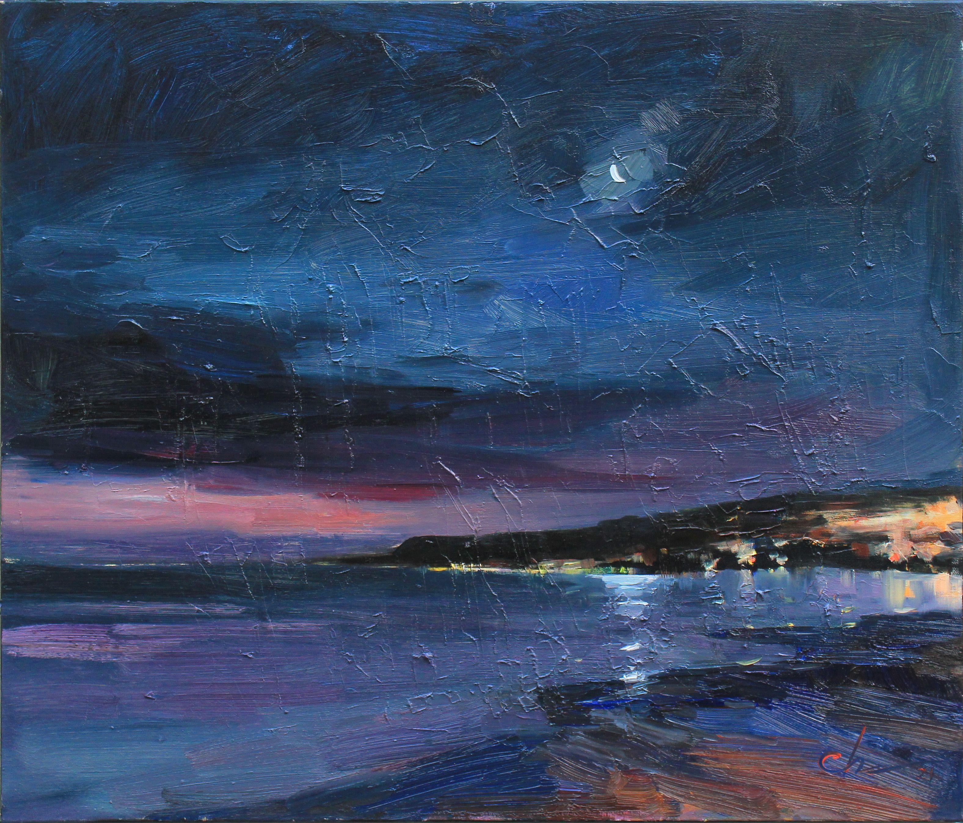 Nacht in der Bucht, Gemälde, Öl auf Leinwand