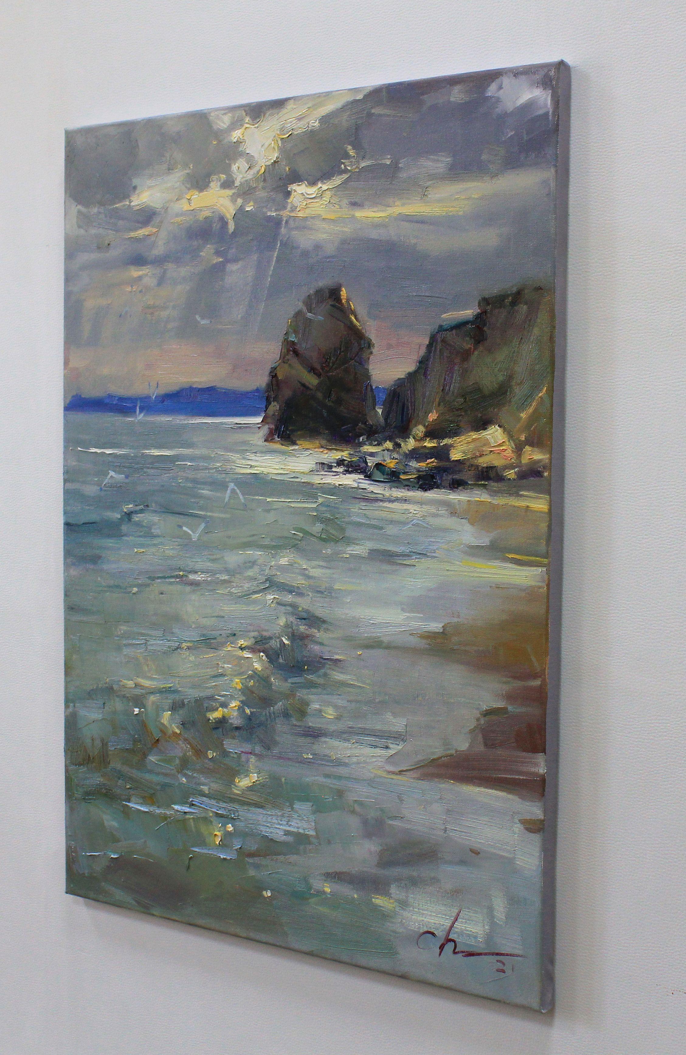 Original Ölgemälde des ukrainischen Künstlers Sergei Chernyakovsky.  Ölgemälde Landschaft mit dem Meer, gemalt im Stil des Impressionismus Kunst, realistische Malerei.  Die unglaubliche Schönheit des Meeres, das Schimmern der Sonnenstrahlen auf dem