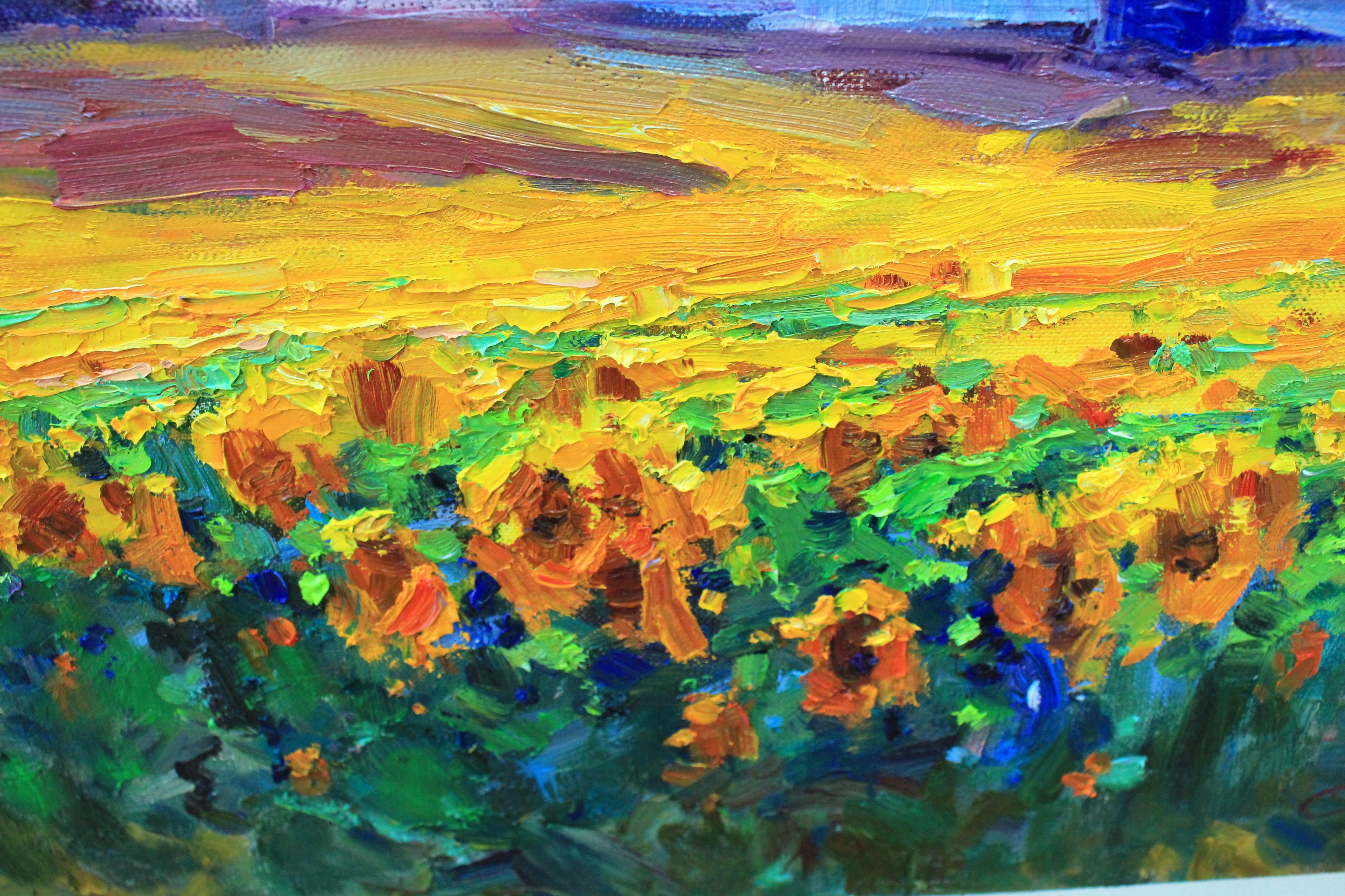 Sunflower field, Painting, Oil on Canvas For Sale 1