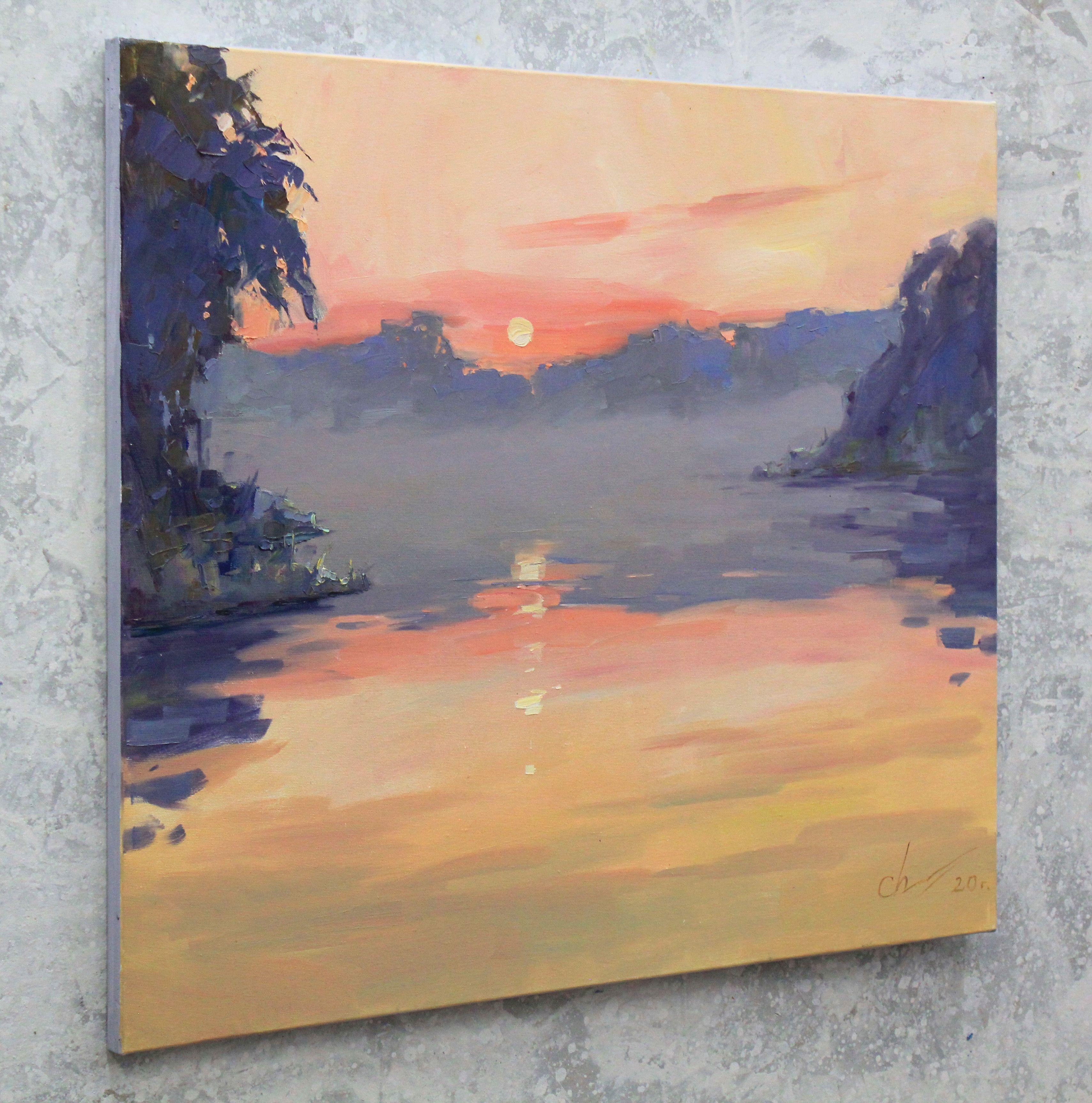 Sunset by the river, Painting, Oil on Canvas For Sale 1