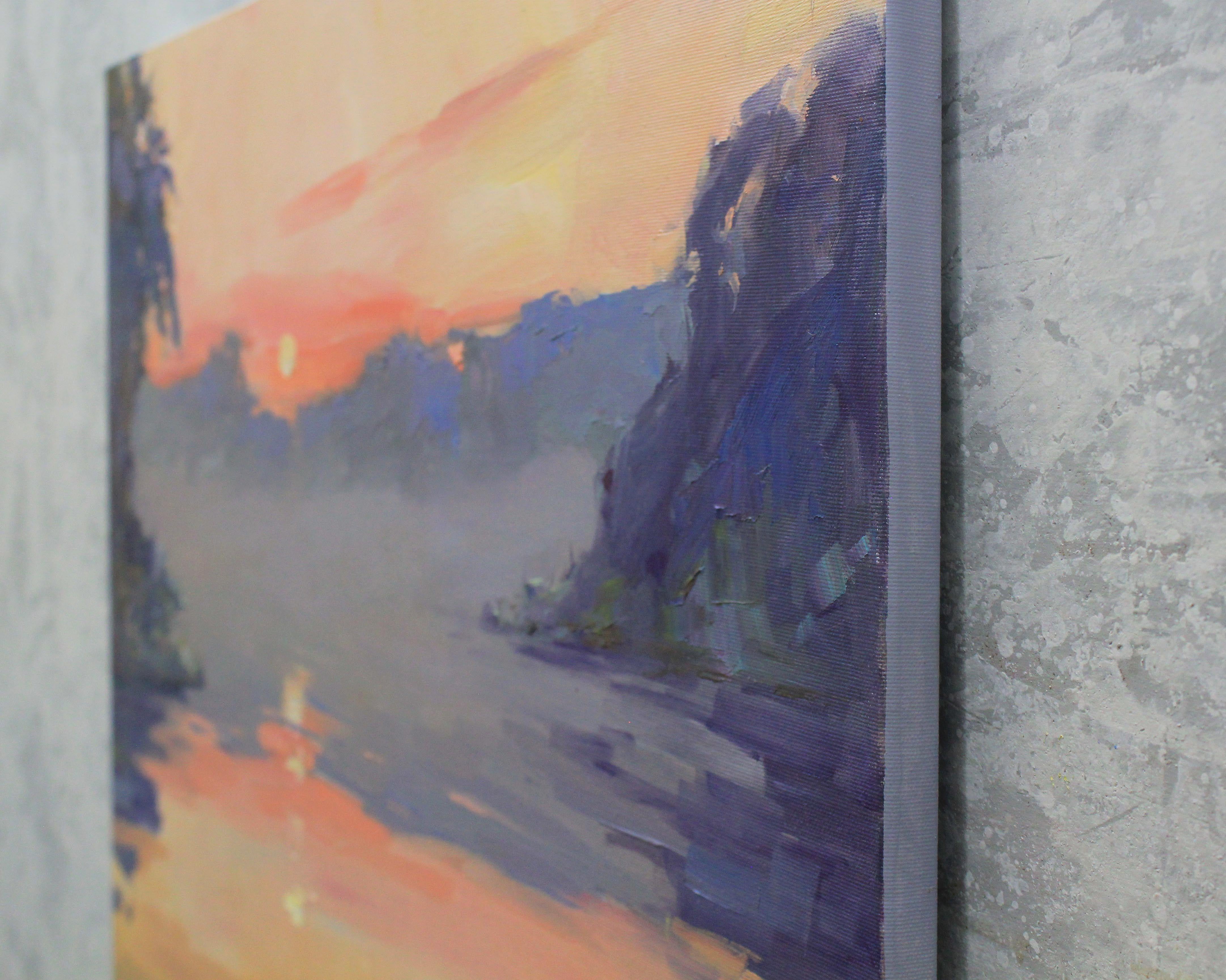 Sunset by the river, Painting, Oil on Canvas For Sale 3