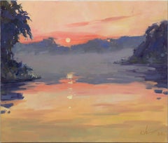 Coucher de soleil sur la rivière, peinture, huile sur toile