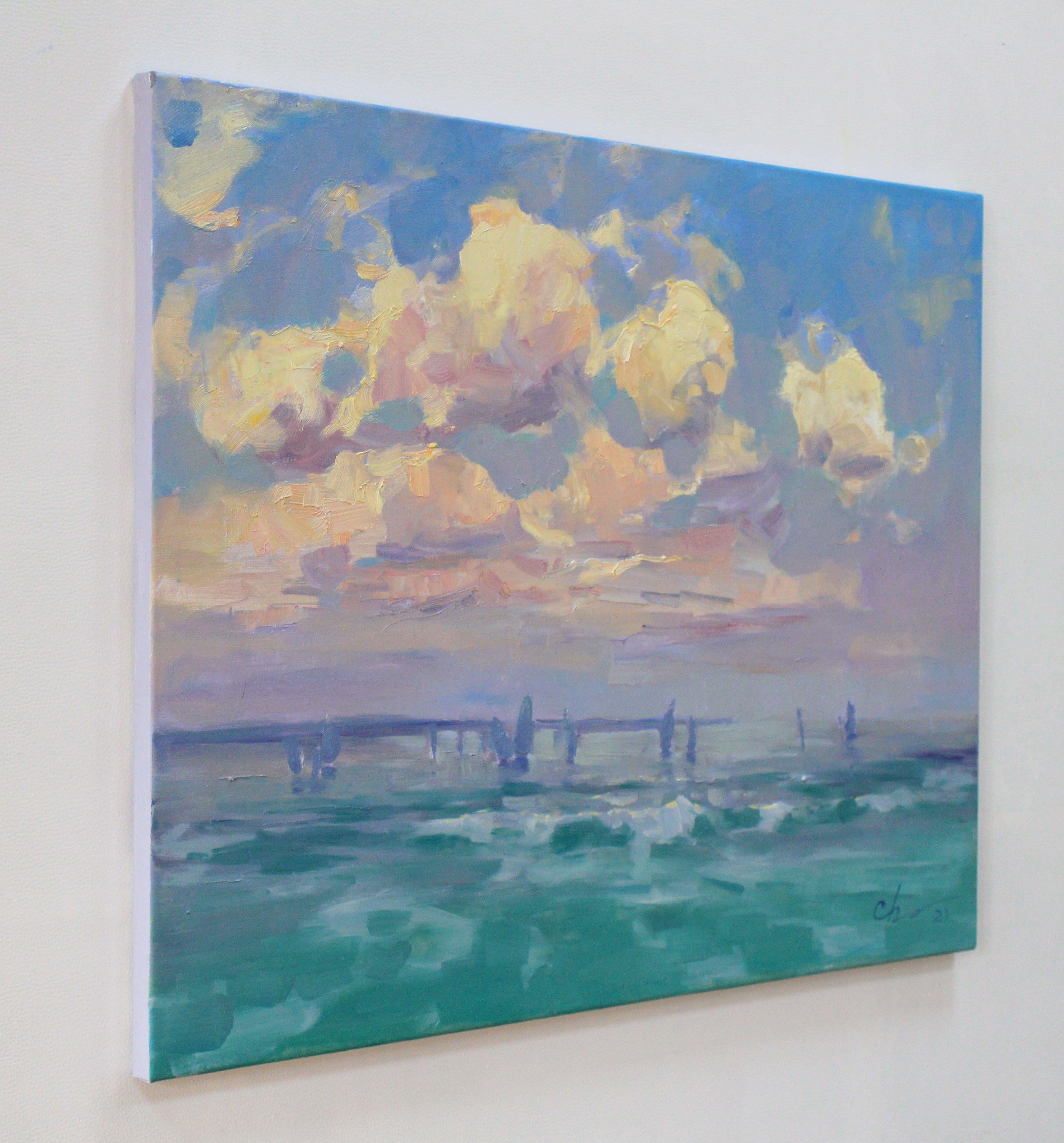 Ölgemälde Landschaft mit dem Meer und Segelschiffe, gemalt im Stil des Impressionismus Kunst, Realismus Kunst.  Die unglaubliche Schönheit des Meeres, das Glänzen der Sonnenstrahlen auf dem Wasser inspirierte den Künstler zu dem Gemälde 