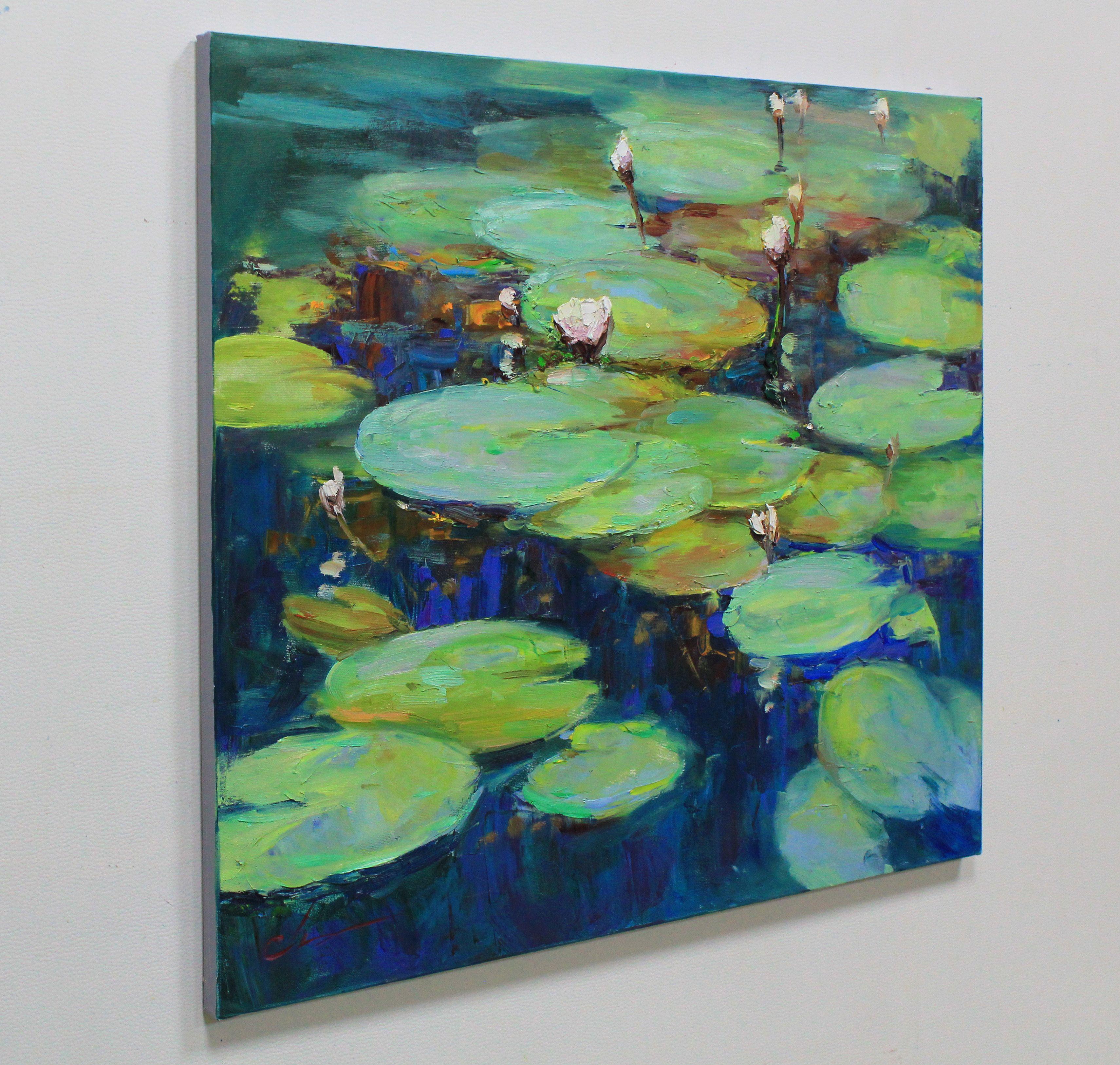 Original Ölgemälde mit schönen weißen Seerosen in einem Teich, gemalt im Stil des Impressionismus, Kunst des Realismus. Die unglaubliche Schönheit dieser Blume auf dem Wasser inspirierte den Künstler zu dem Gemälde 