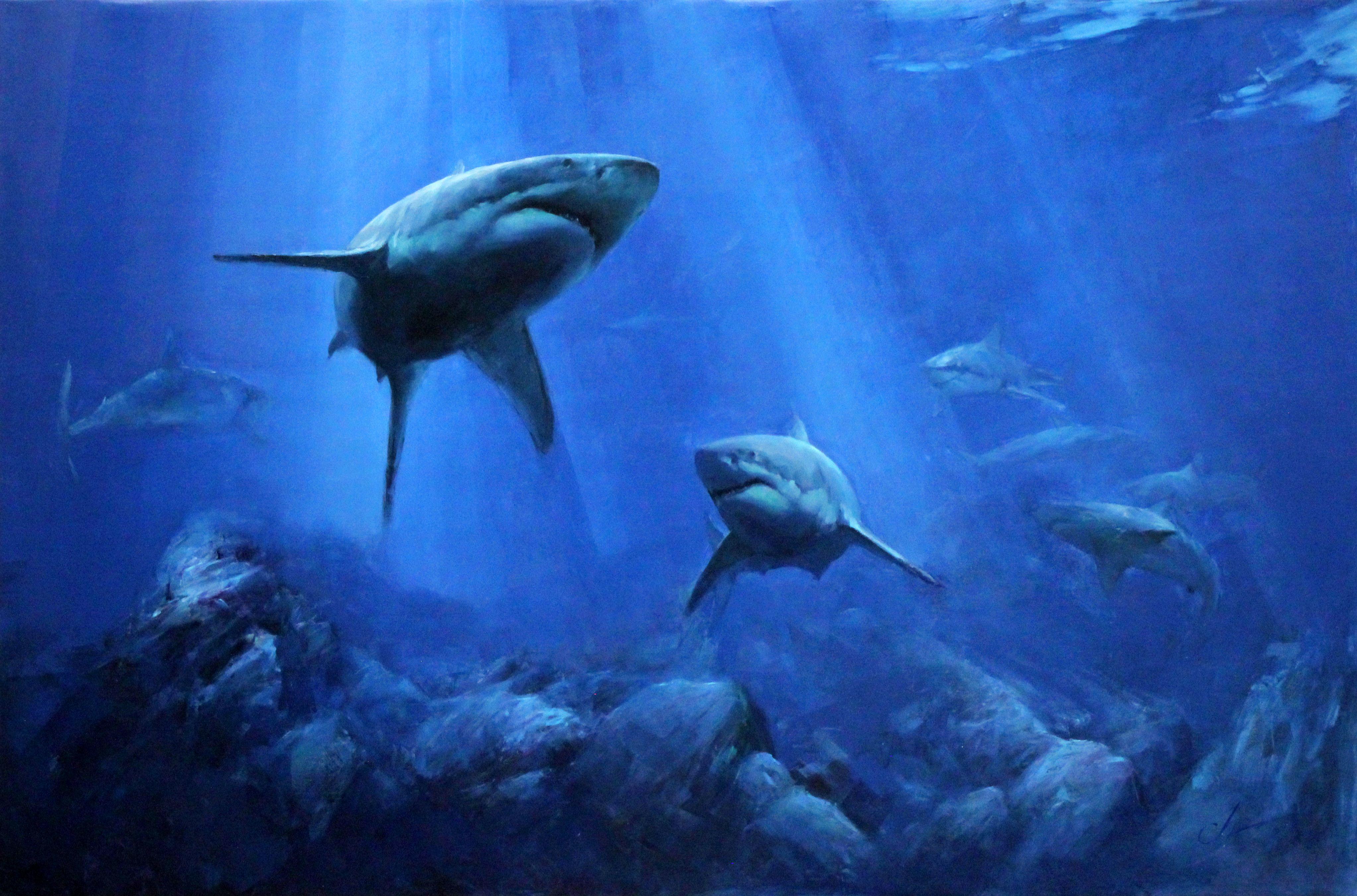 Dive into the enchanting Undersea World with this mesmerizing Fish Painting, featuring a magnificent shark as the focal point. This oil painting original captures the breathtaking beauty of marine animals and the underwater world, showcasing the