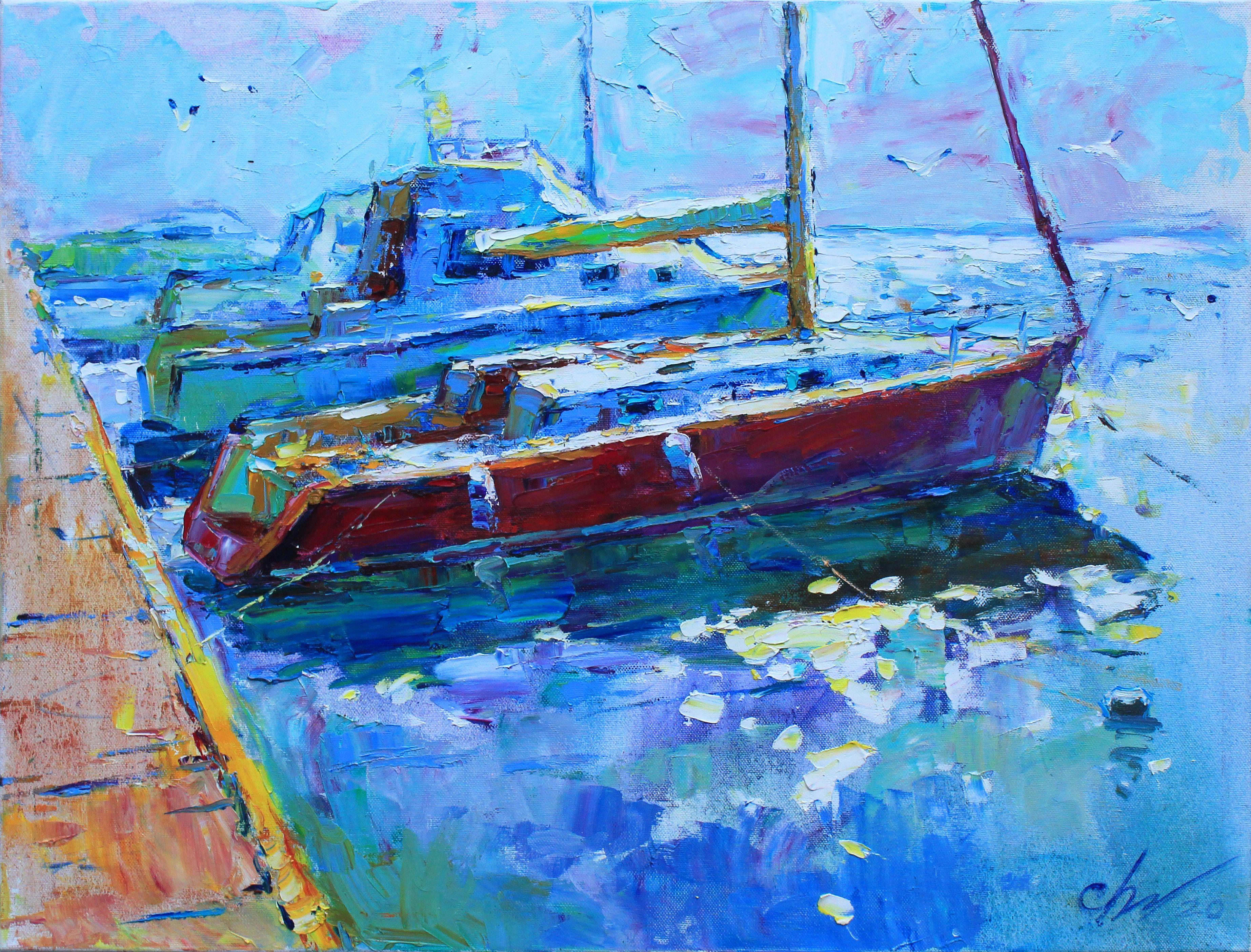 The painting "Yachts" belongs to the series of paintings "SEA".  Painting with yachts, painted in the style of impressionism art, realistic art, expressionism art.  Large painting is done in cold blue colors.  In the background, the distant sea