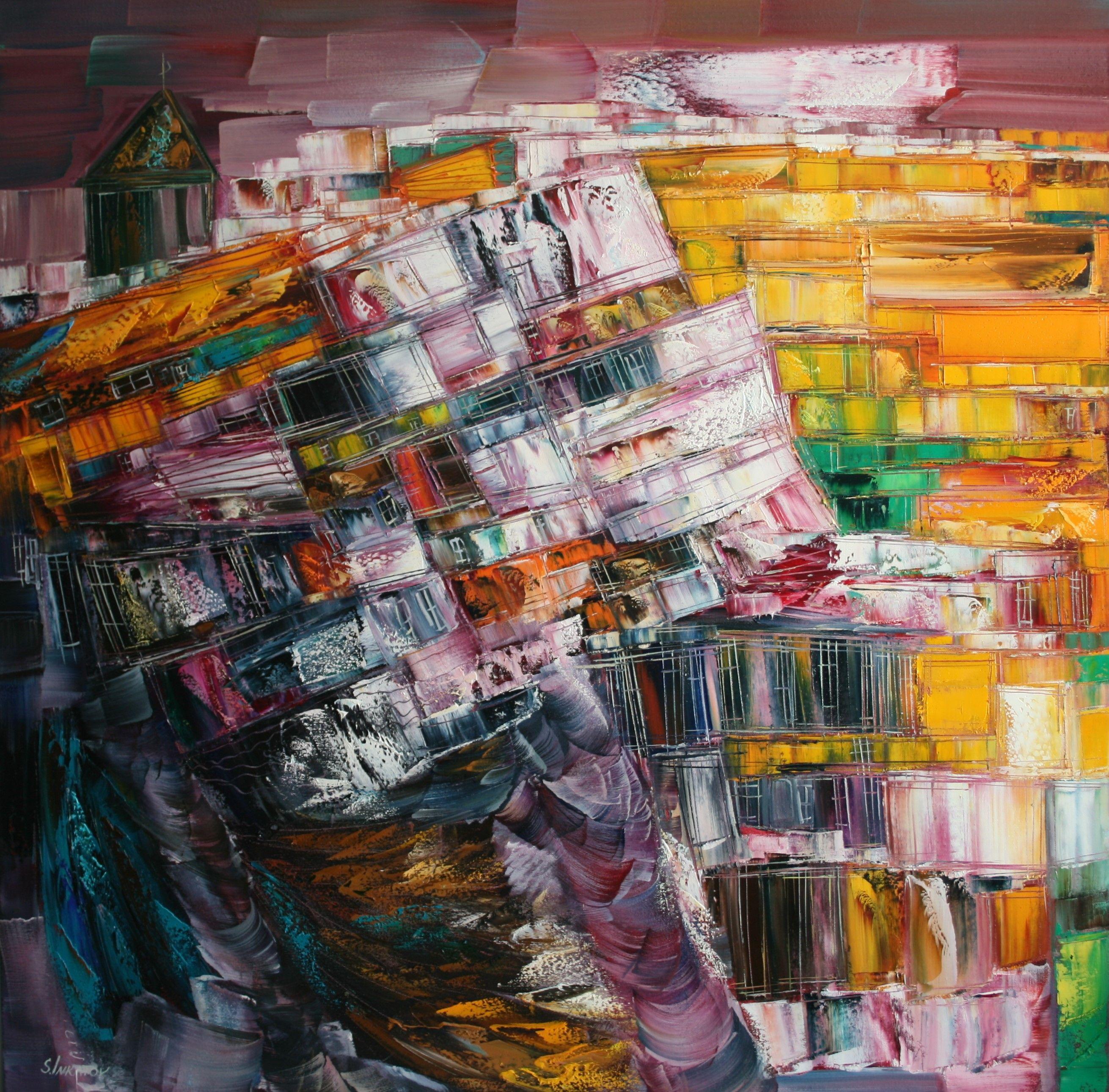 Abstract Painting di Sergei  Inkatov - Tramonto dorato, Pittura, Olio su tela