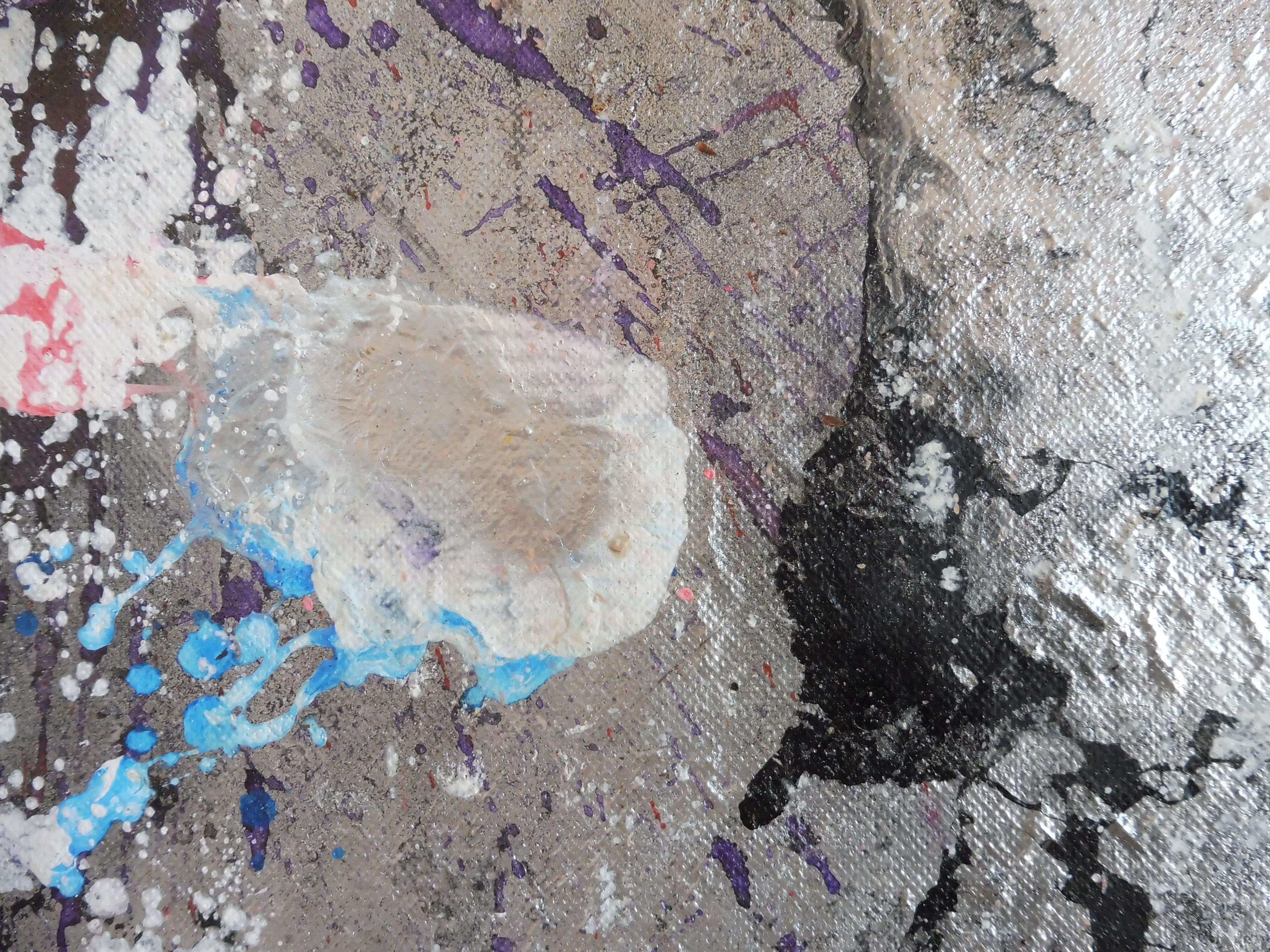 acryliques, peinture maison, peinture en aérosol, tempera, marqueur, pastels à l'huile et marques de vin rouge sur tissu de polyester apprêté    l'oeuvre peut être accrochée comme une tapisserie ou encadrée : : Peinture : : Abstraite : : Cette