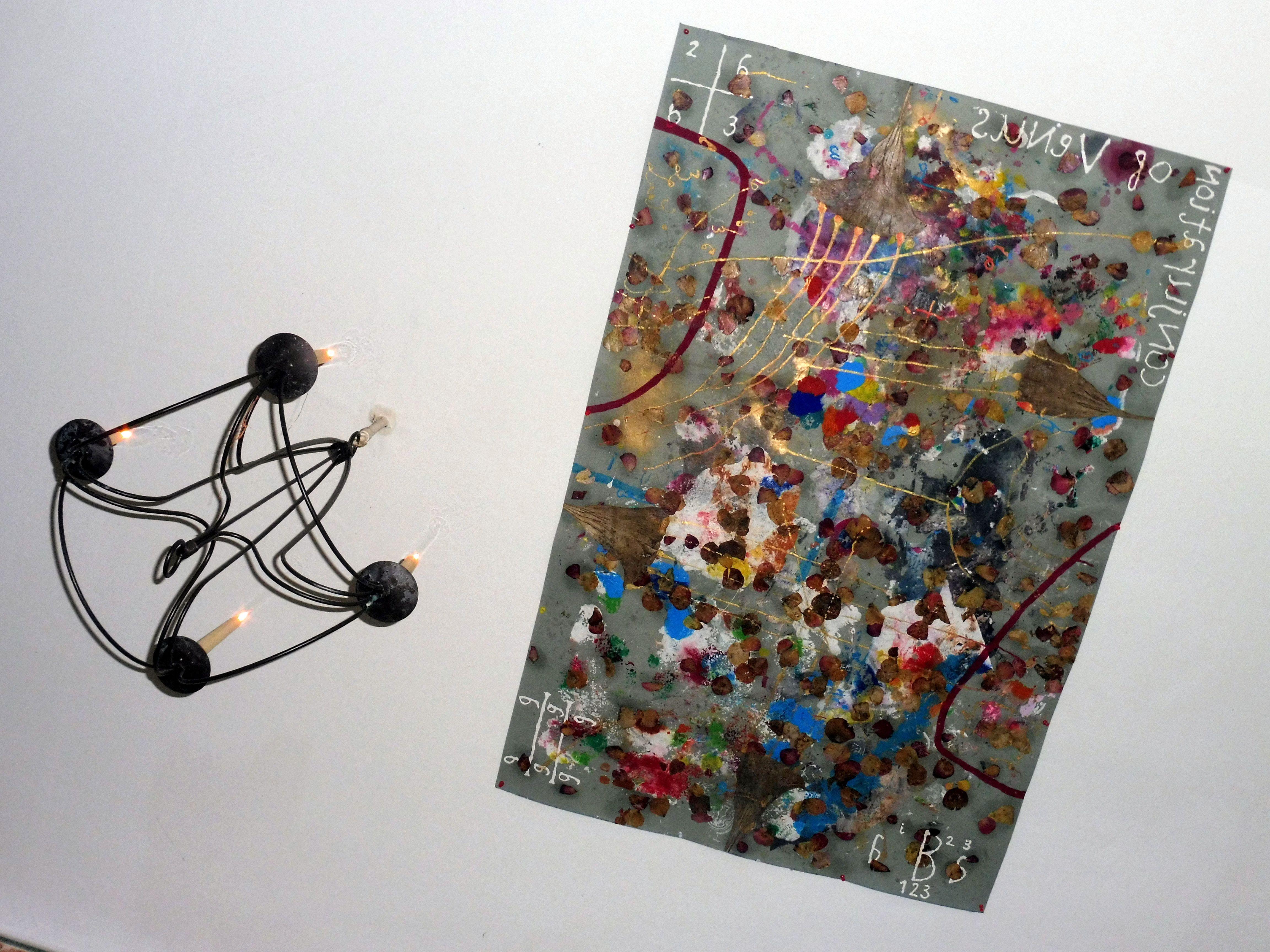 Acryl, Hausfarbe, trocken gepresste Rosenblüten, trocken gepresste Stechapfelblüten (4), Lack (teilweise) auf Industriebodenpapier.  Ich habe versucht, eine Symbiose zwischen natürlichen Bioformen und malerischen Markierungen im Rahmen eines